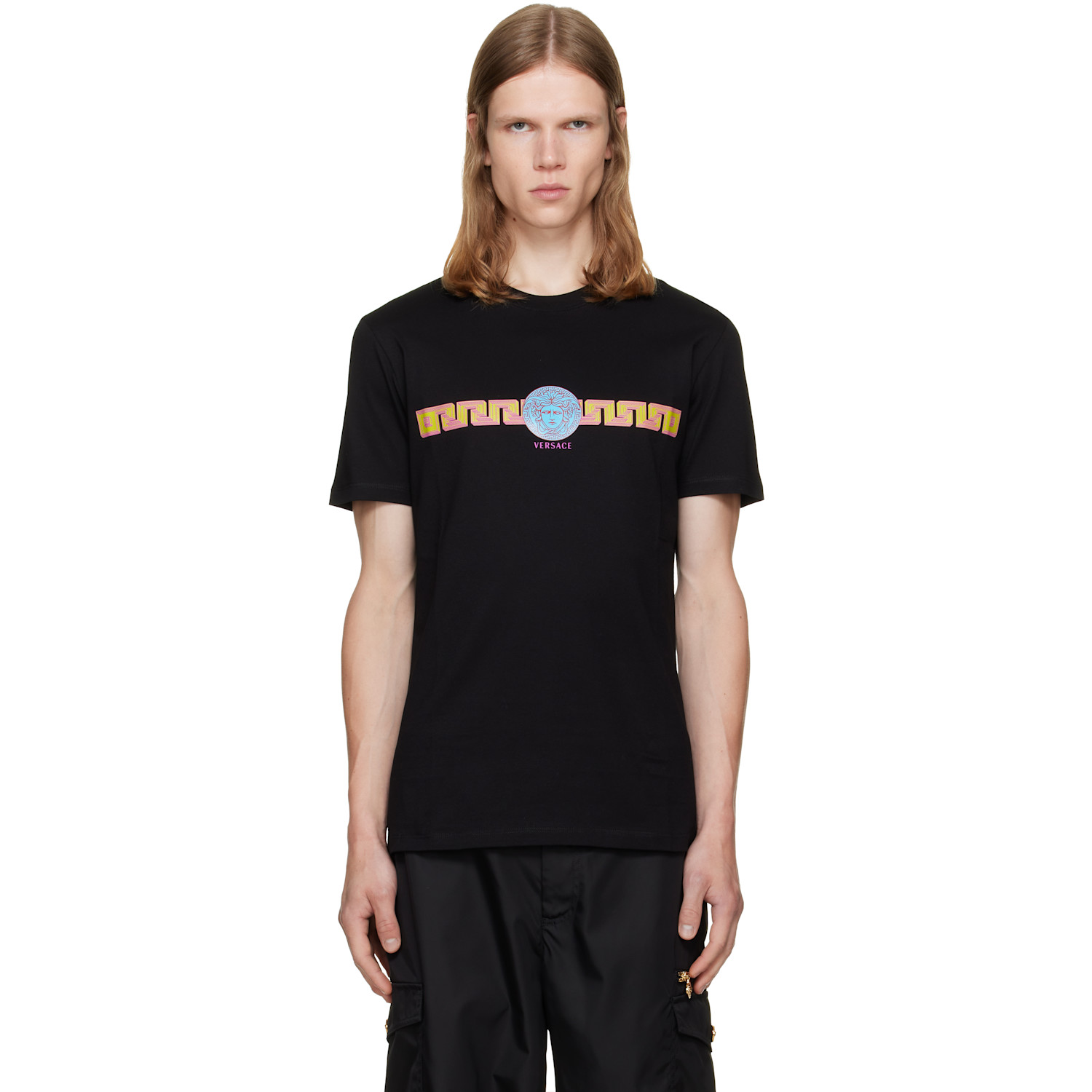 Versace Black Printed Cotton Jersey Slim T-shirt