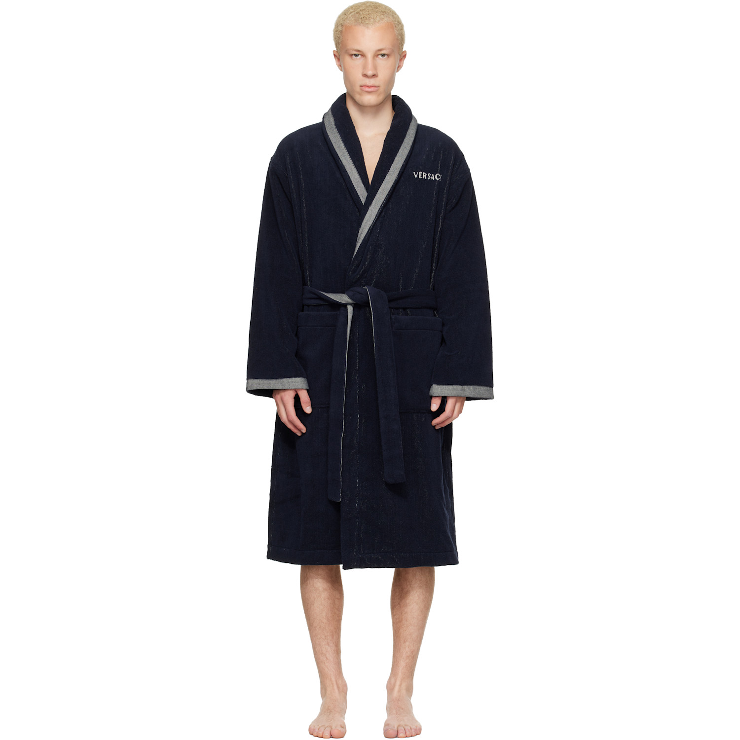 Versace Navy Cotton-terry Jacquard Bathrobe