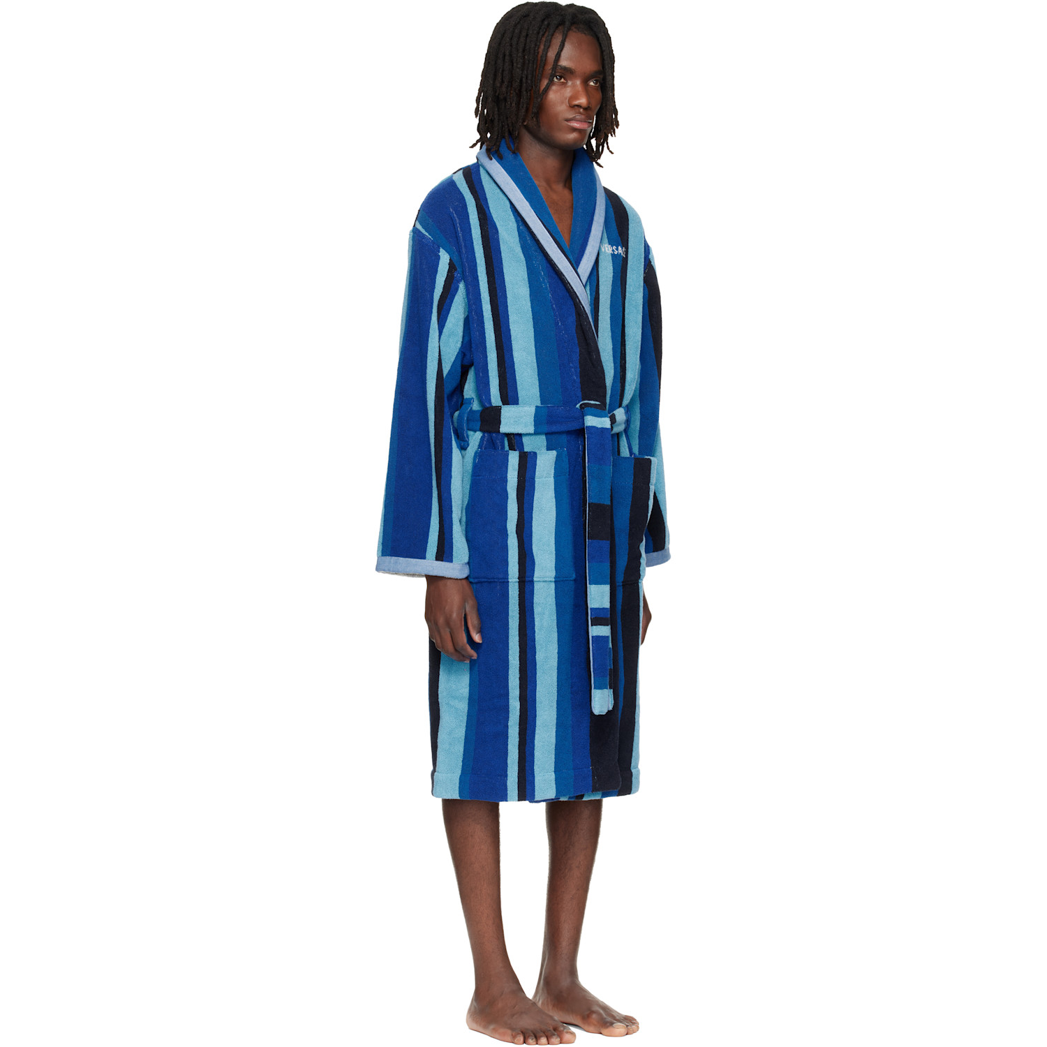  Versace Blue Striped Cotton-terry Jacquard Bathrobe 