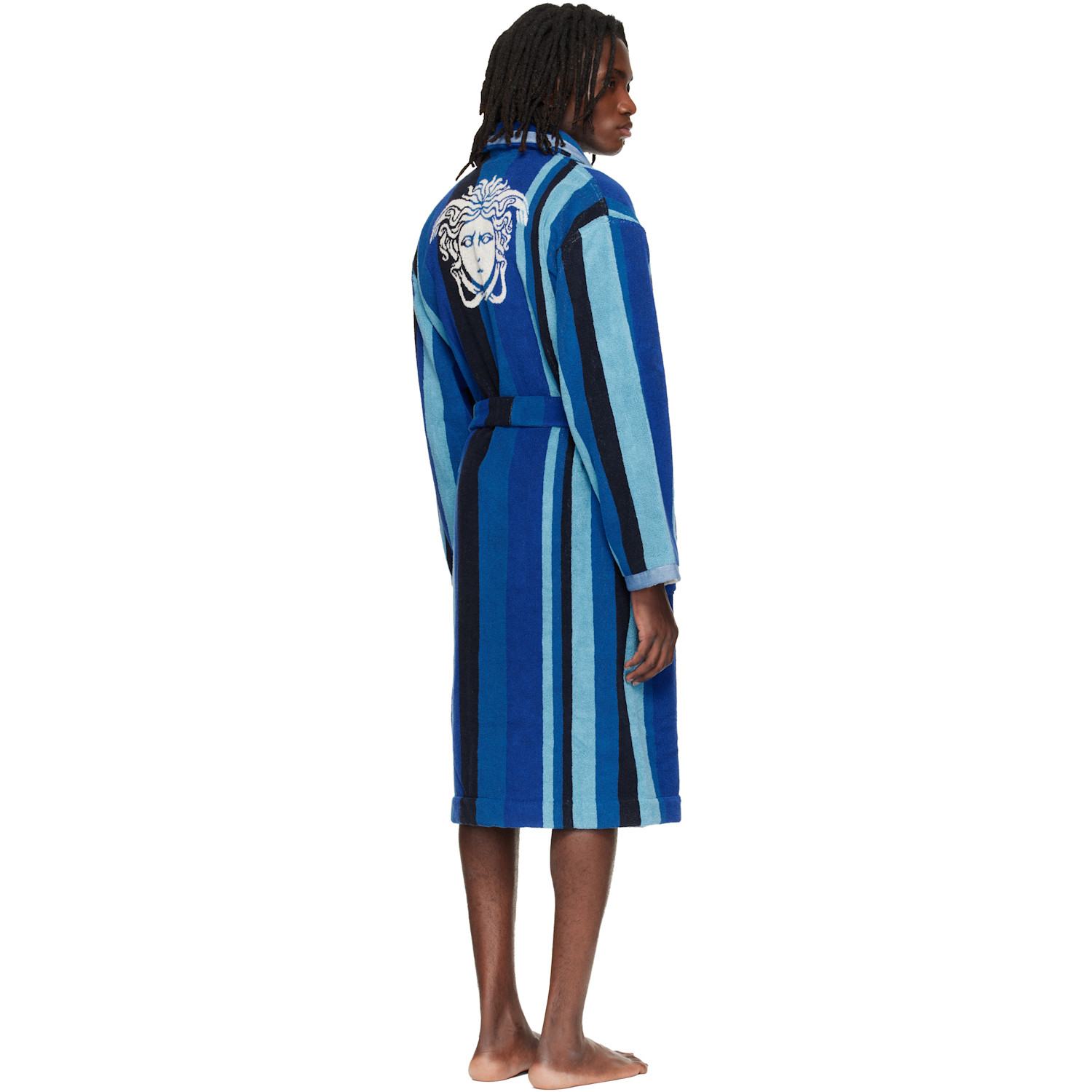  Versace Blue Striped Cotton-terry Jacquard Bathrobe 