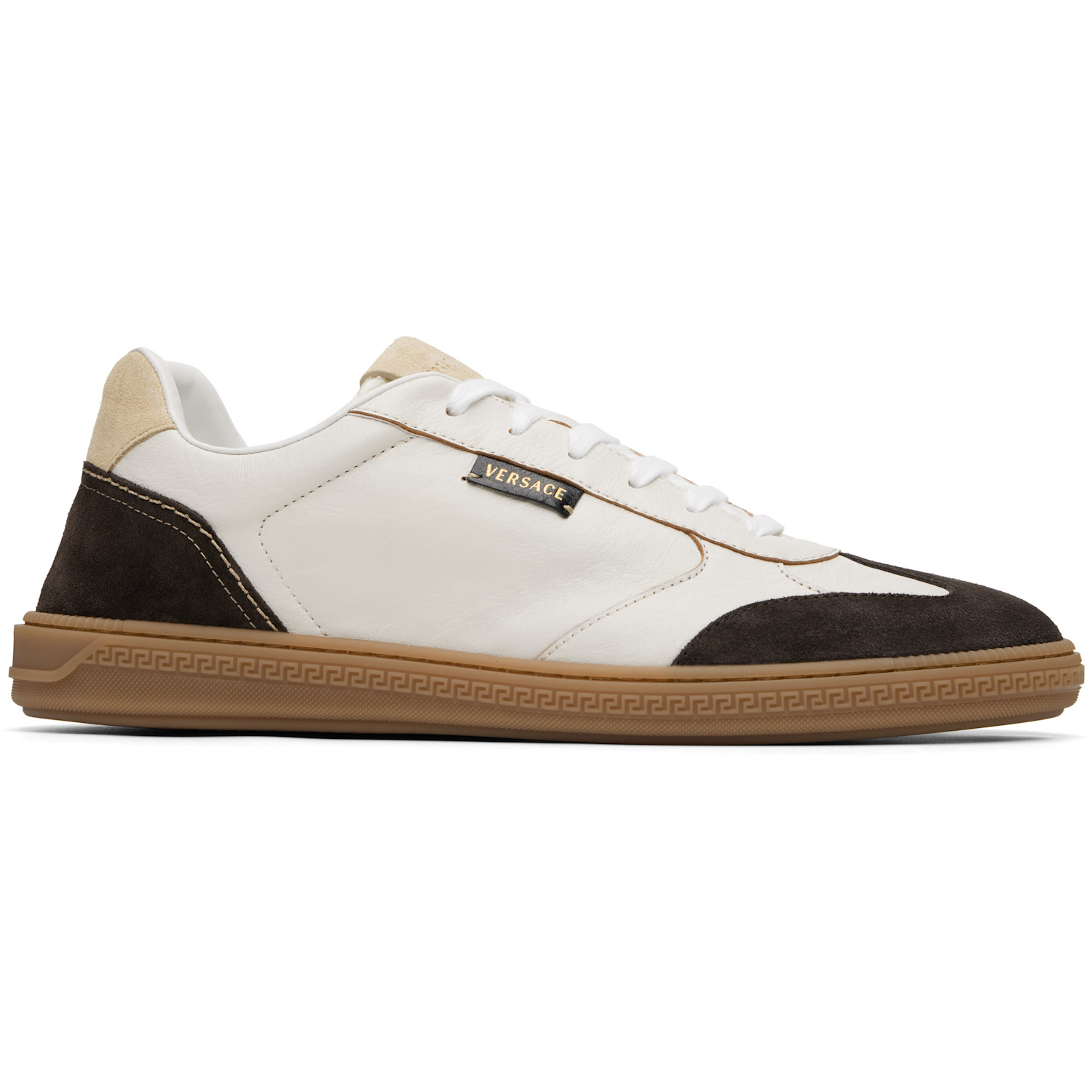 Versace Brown & White Greca Court Nappa & Suede Sneakers