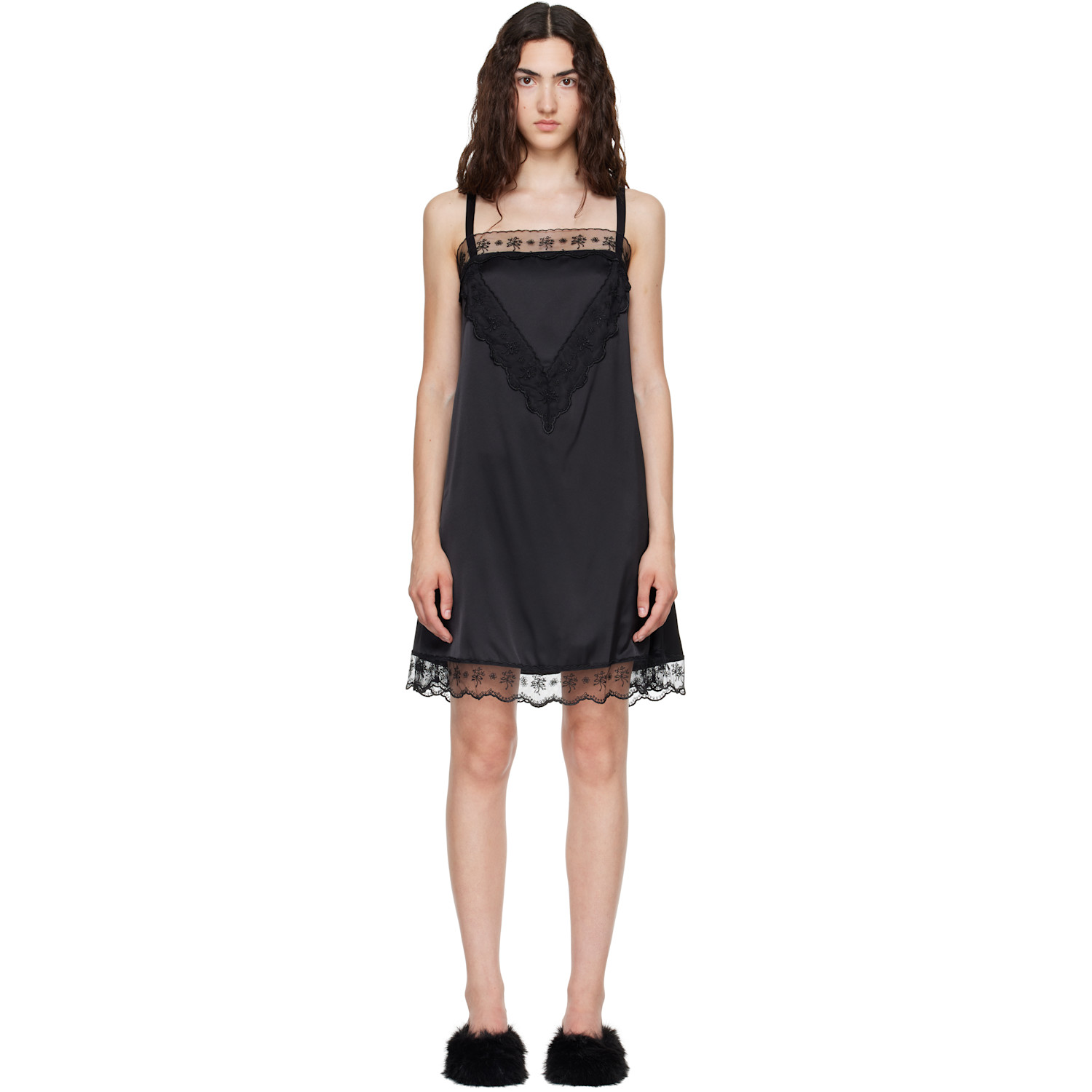 Simone Rocha Black Square Neck Lace Trim Minidress