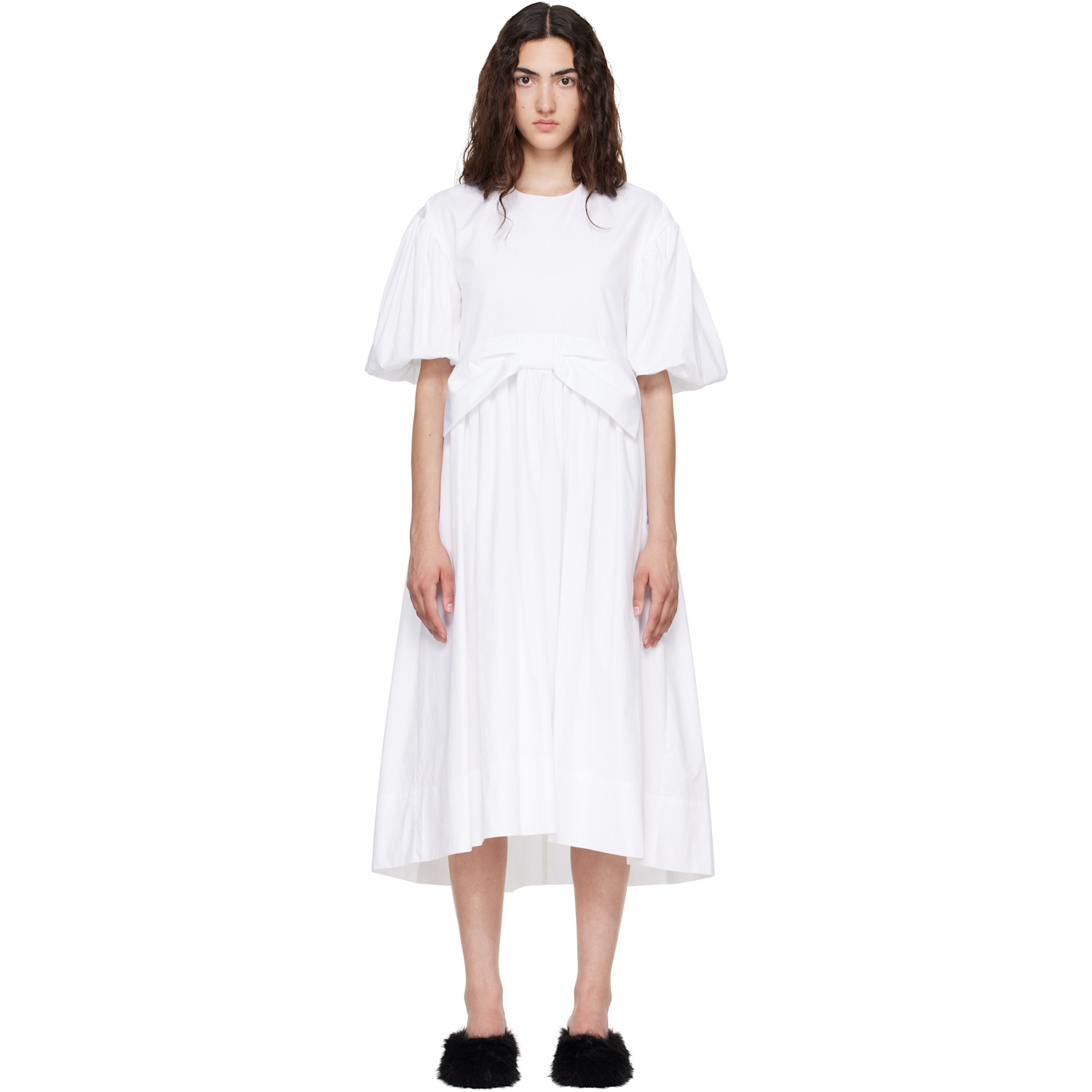 Simone Rocha White Puff Sleeve Gathered Bow Smock Midi Dress