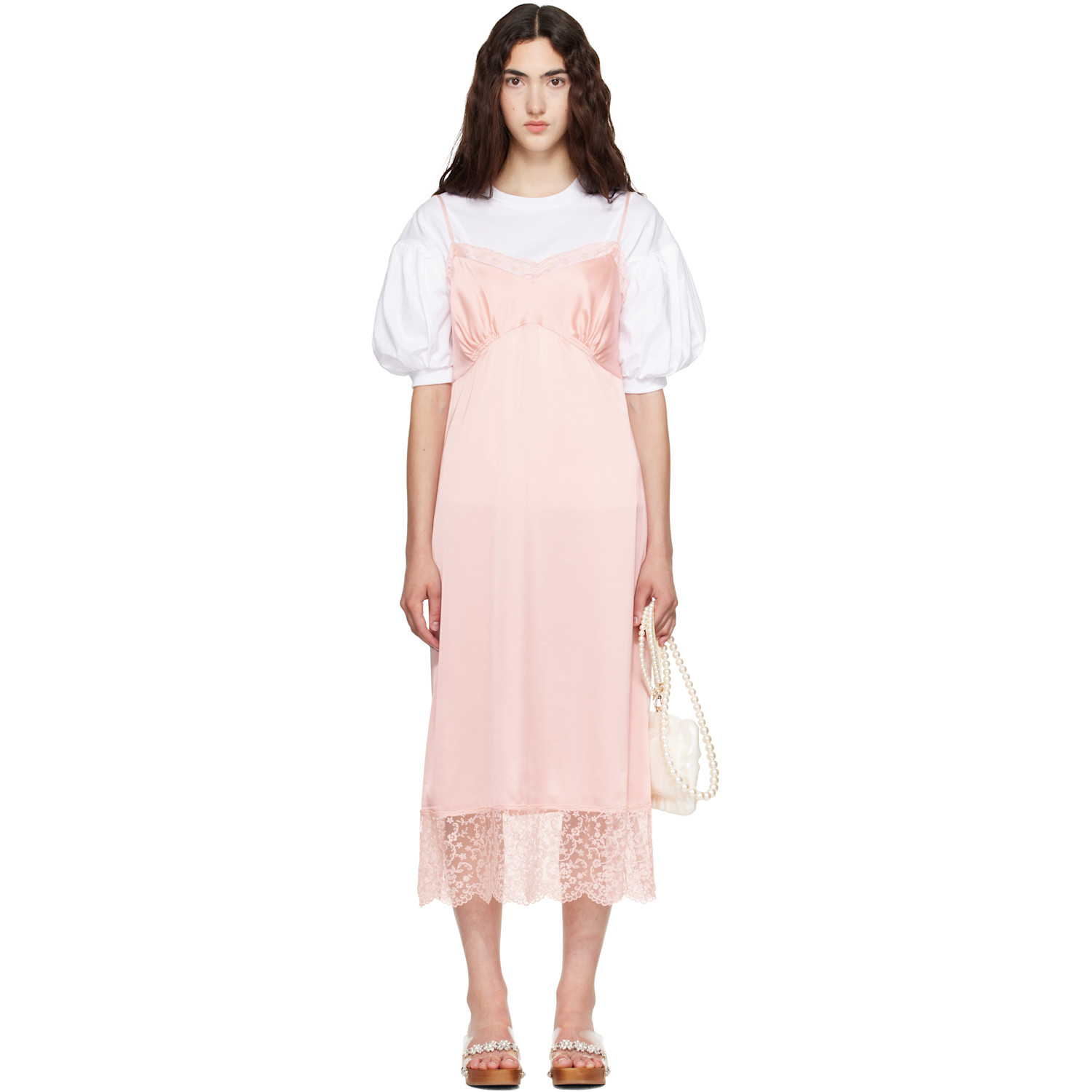 Simone Rocha Pink Lace Trim Slip Midi Dress