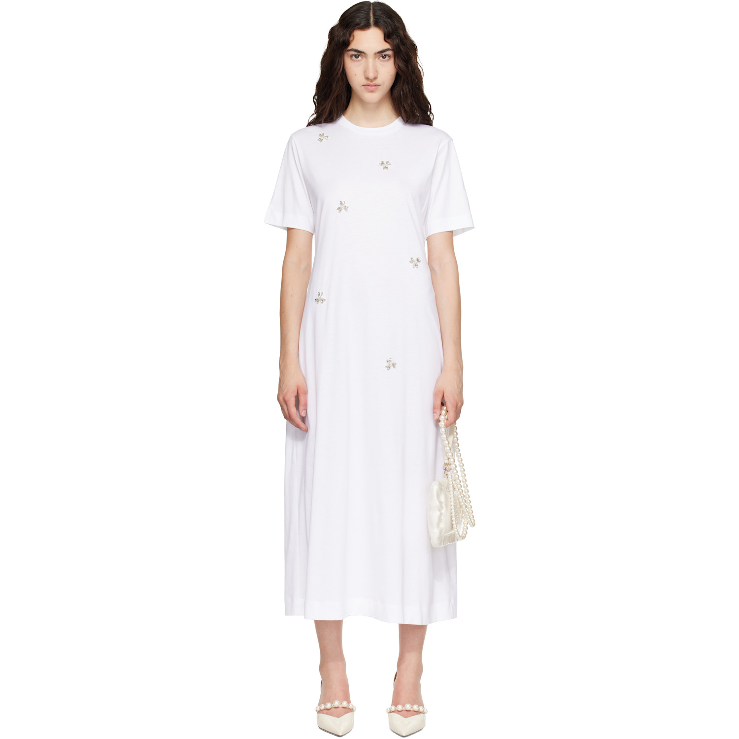 Simone Rocha White Easy Embellished T-shirt Midi Dress