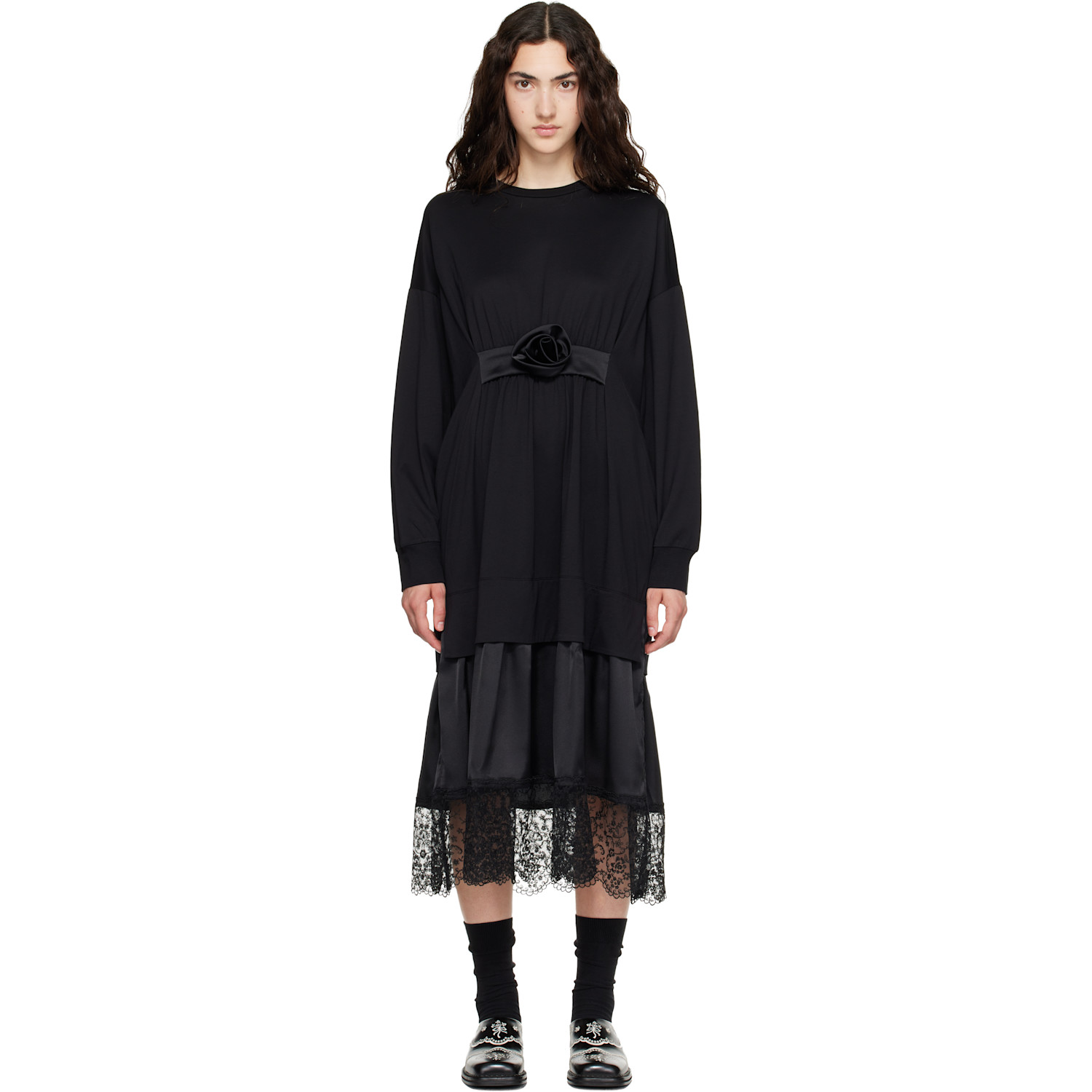 Simone Rocha Black Oversized Gathered Rose Lace Trim Midi Dress