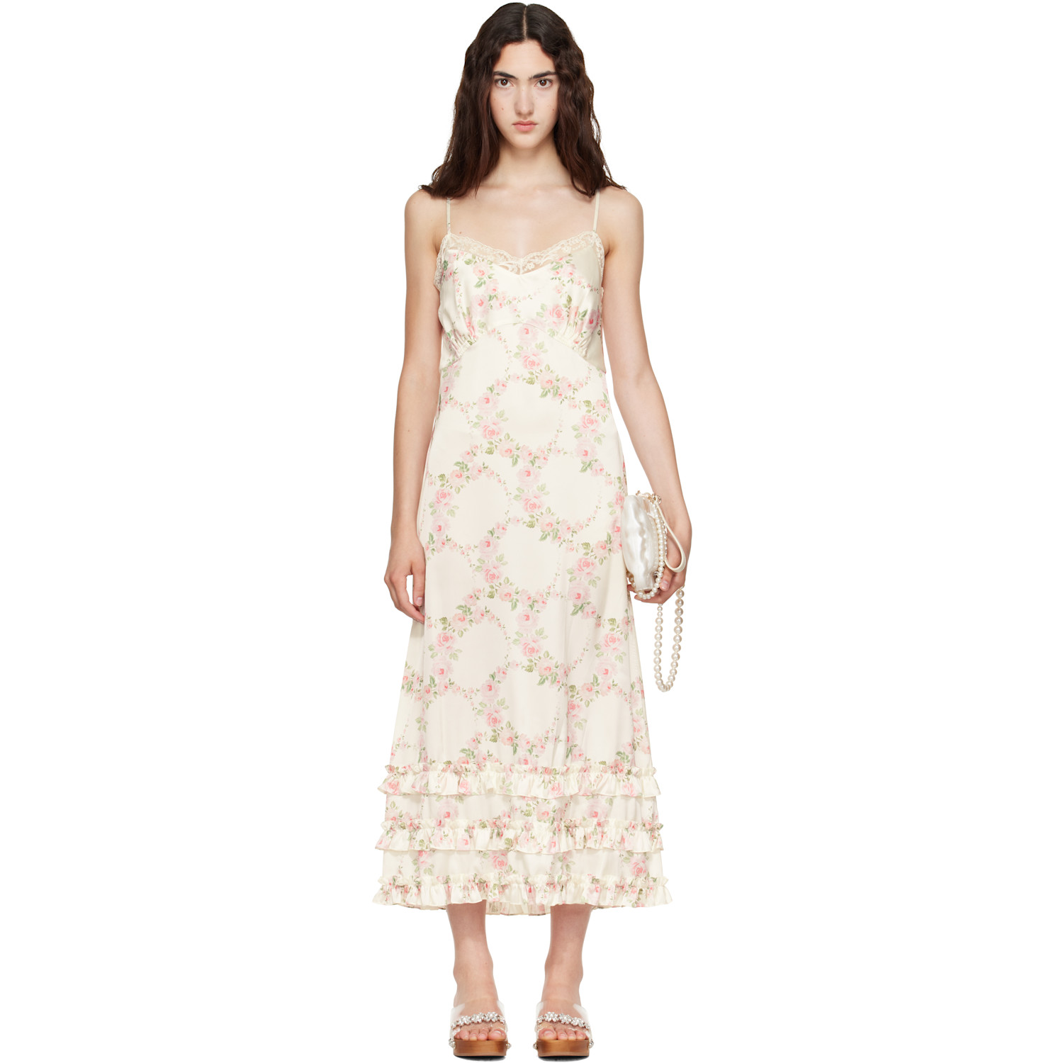 Simone Rocha Off-White Ruffle Frill Hem Slip Midi Dress