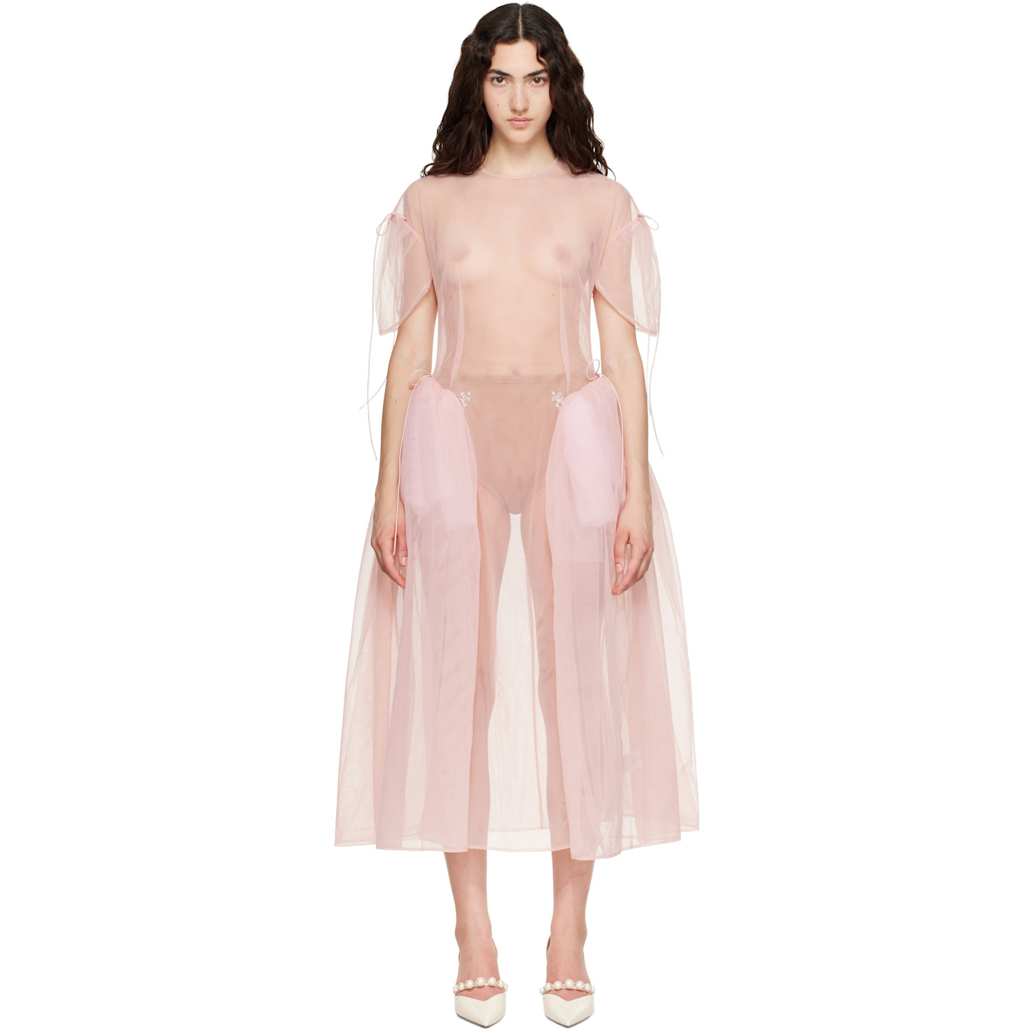 Simone Rocha Pink Puff Sleeve Cord Hip Midi Dress