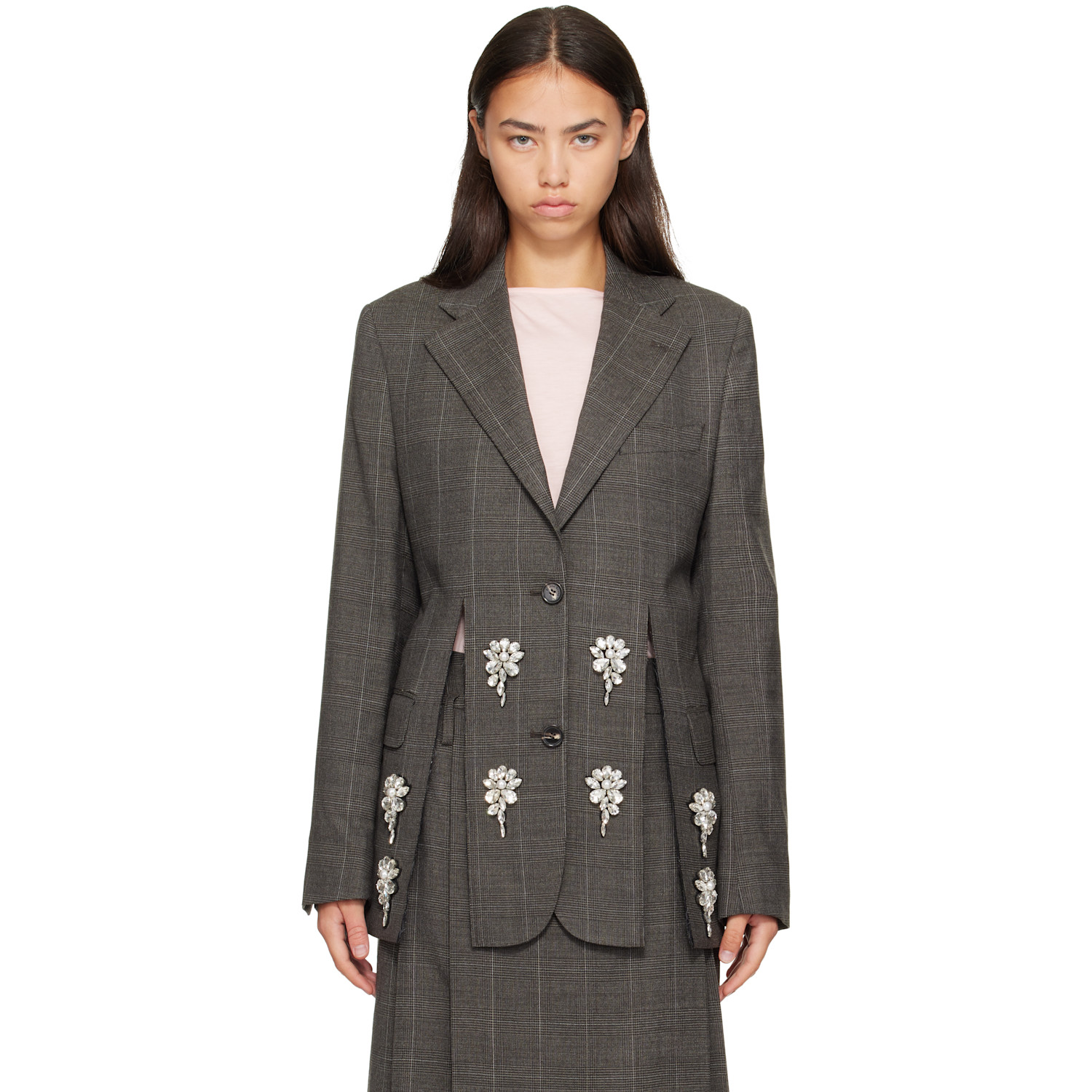 Simone Rocha Gray Embellished Hem Slice Blazer In Peat/pearl/clear