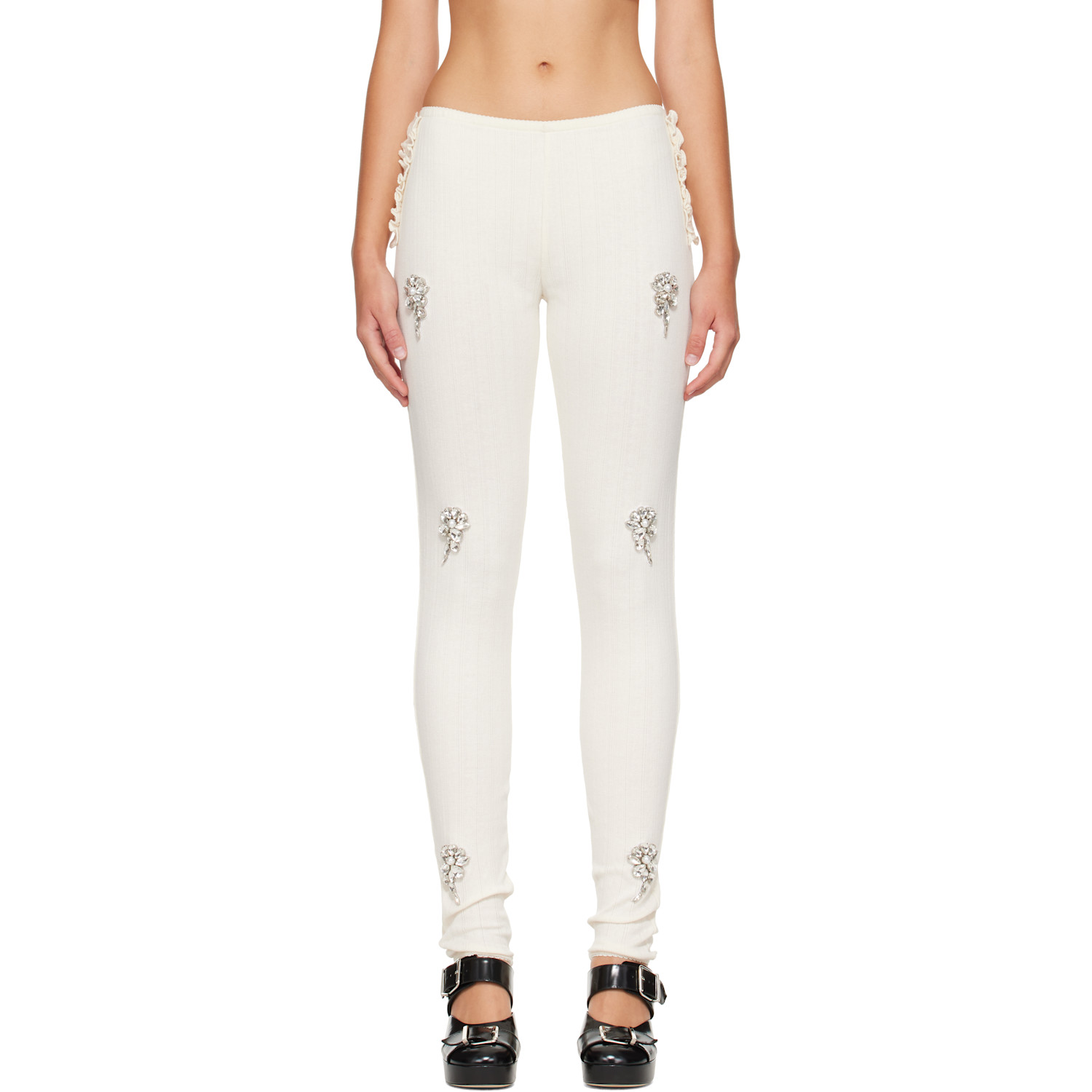 Simone Rocha Off-White Embellished Pointelle Ruffle Frill Leggings