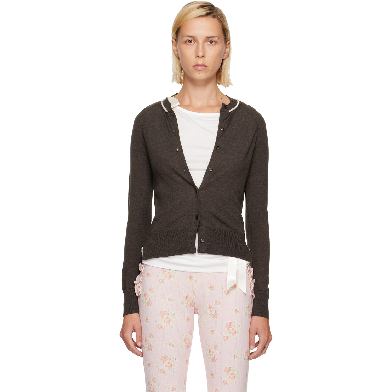 Simone Rocha Brown Classic Merino Silk Cardigan In Moss/pearl