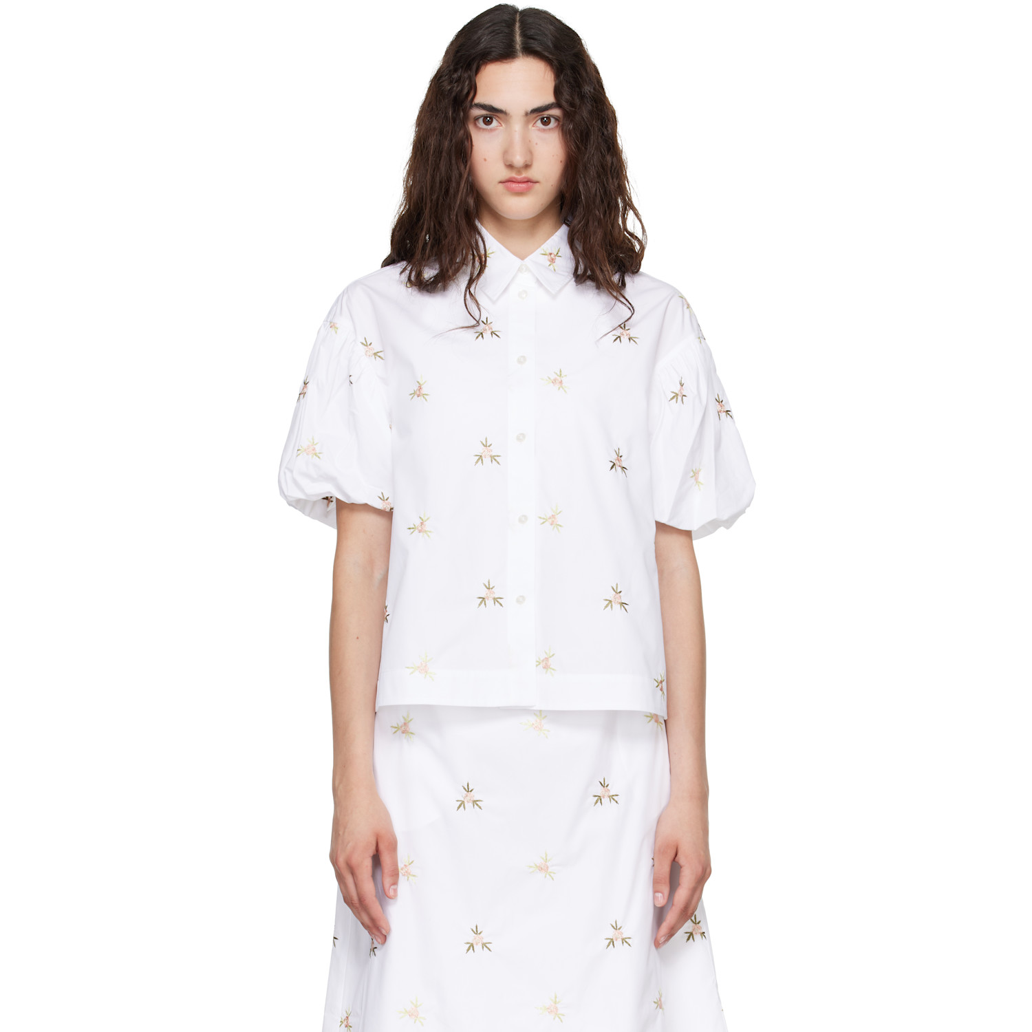 Simone Rocha White Cropped Rosebud Puff Sleeve Lace Trim Shirt