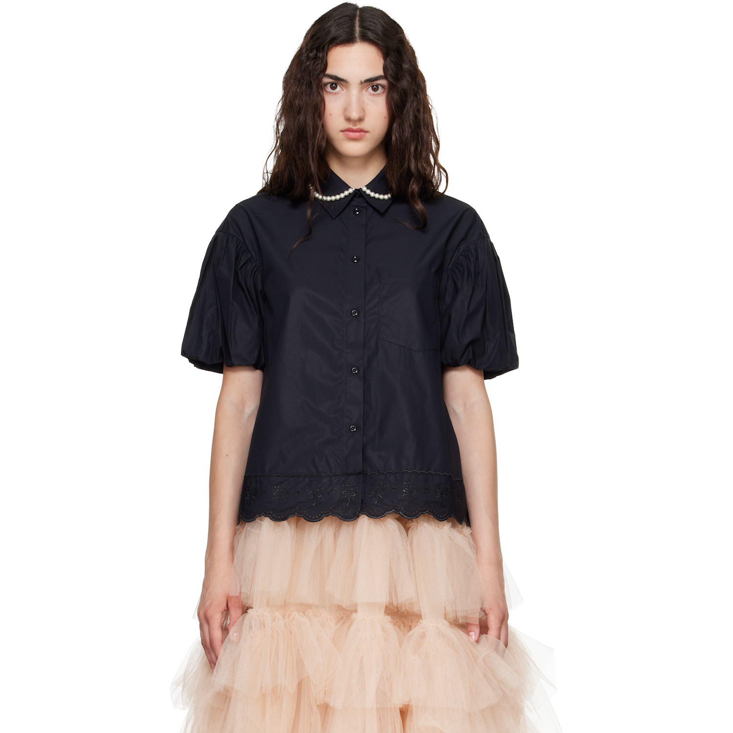 Simone Rocha Black Cropped Puff Sleeve Lace Trim Shirt