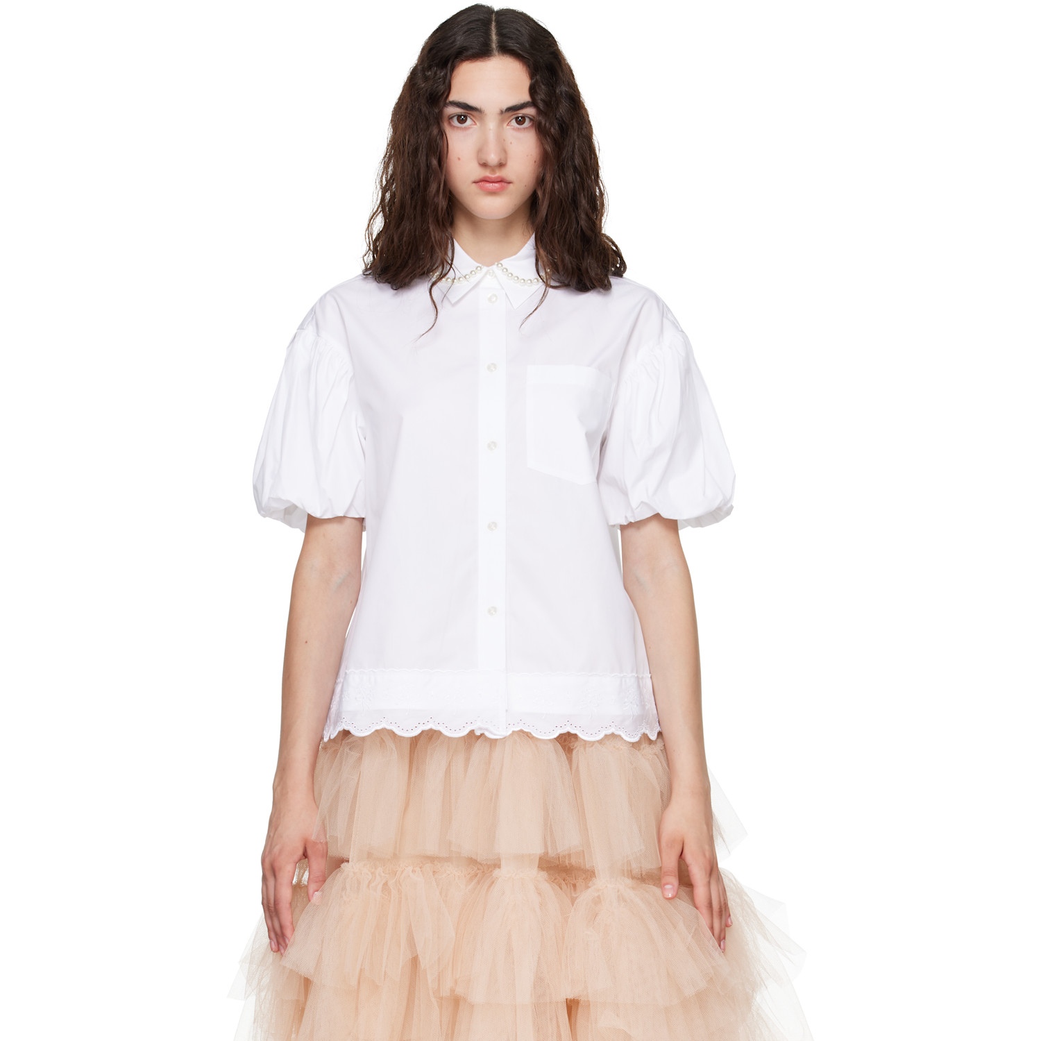 Simone Rocha White Cropped Puff Sleeve Lace Trim Shirt