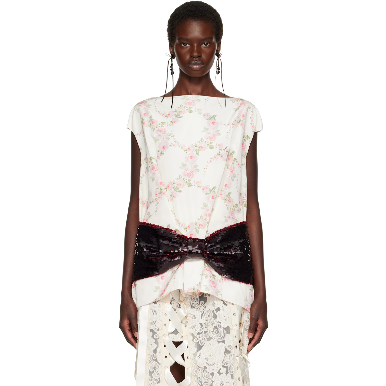 Simone Rocha Off-White Boxy Peplum Sequin Bow Detail Top
