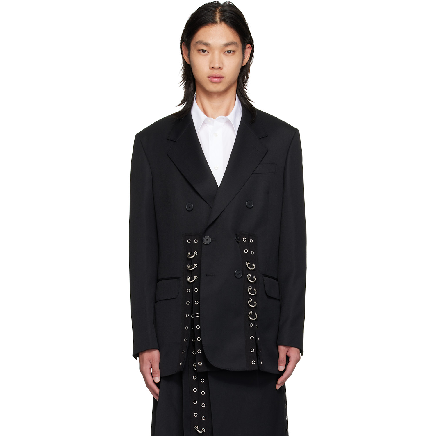 Simone Rocha Black Double Breasted Grommet Ring Hem Slice Blazer