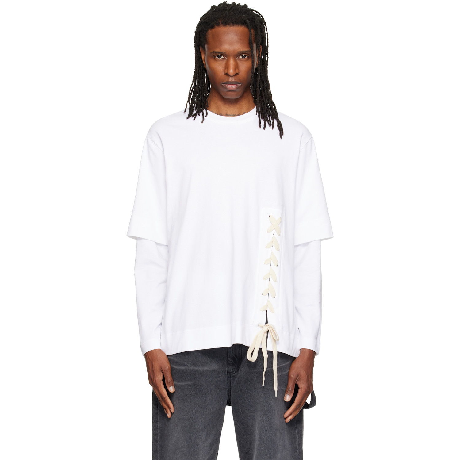 Simone Rocha White Lace Up Hem Layered Long Sleeve T-shirt