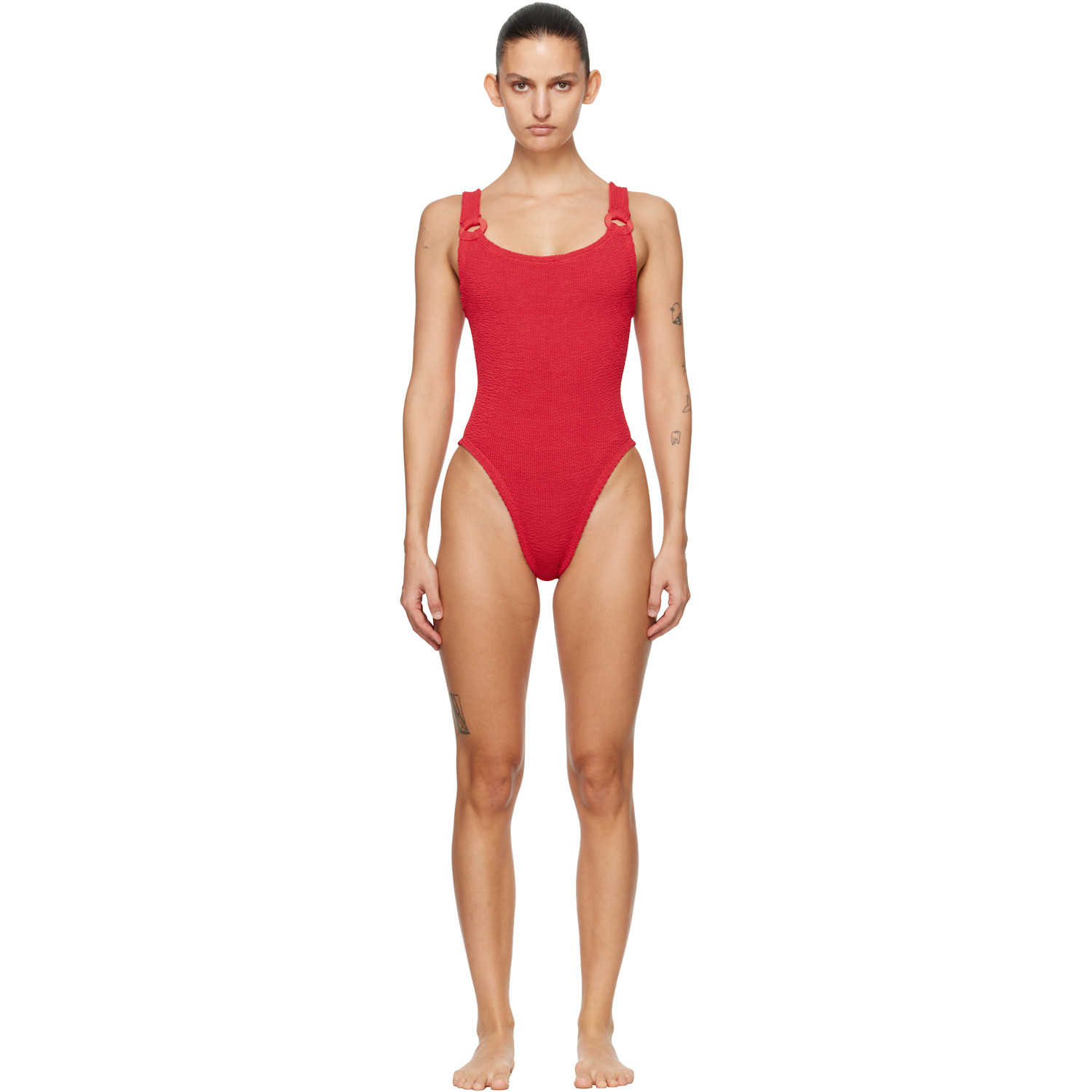 Hunza G Red Tonal Hoops Domino Swimsuit
