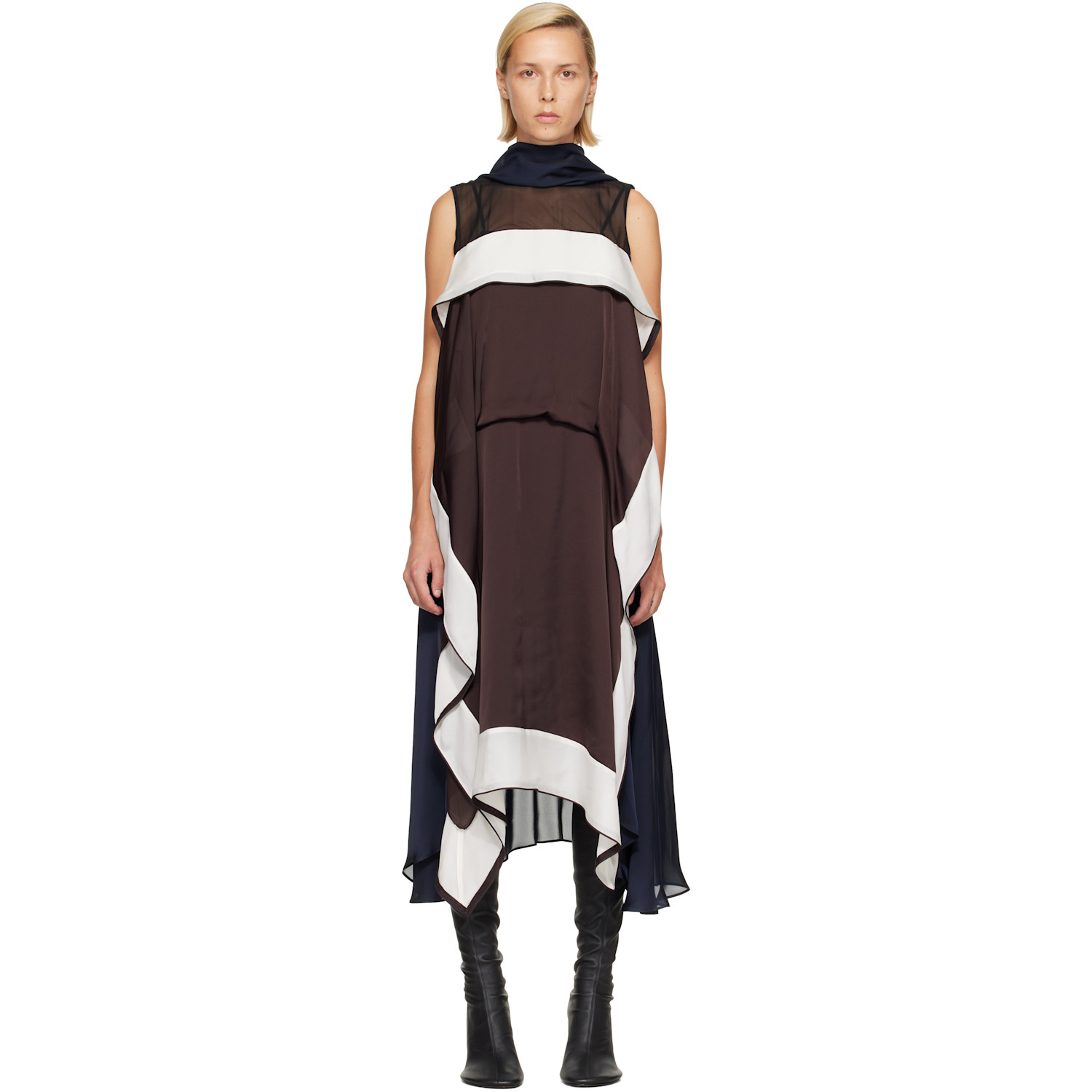 sacai Brown Satin & Chiffon Midi Dress