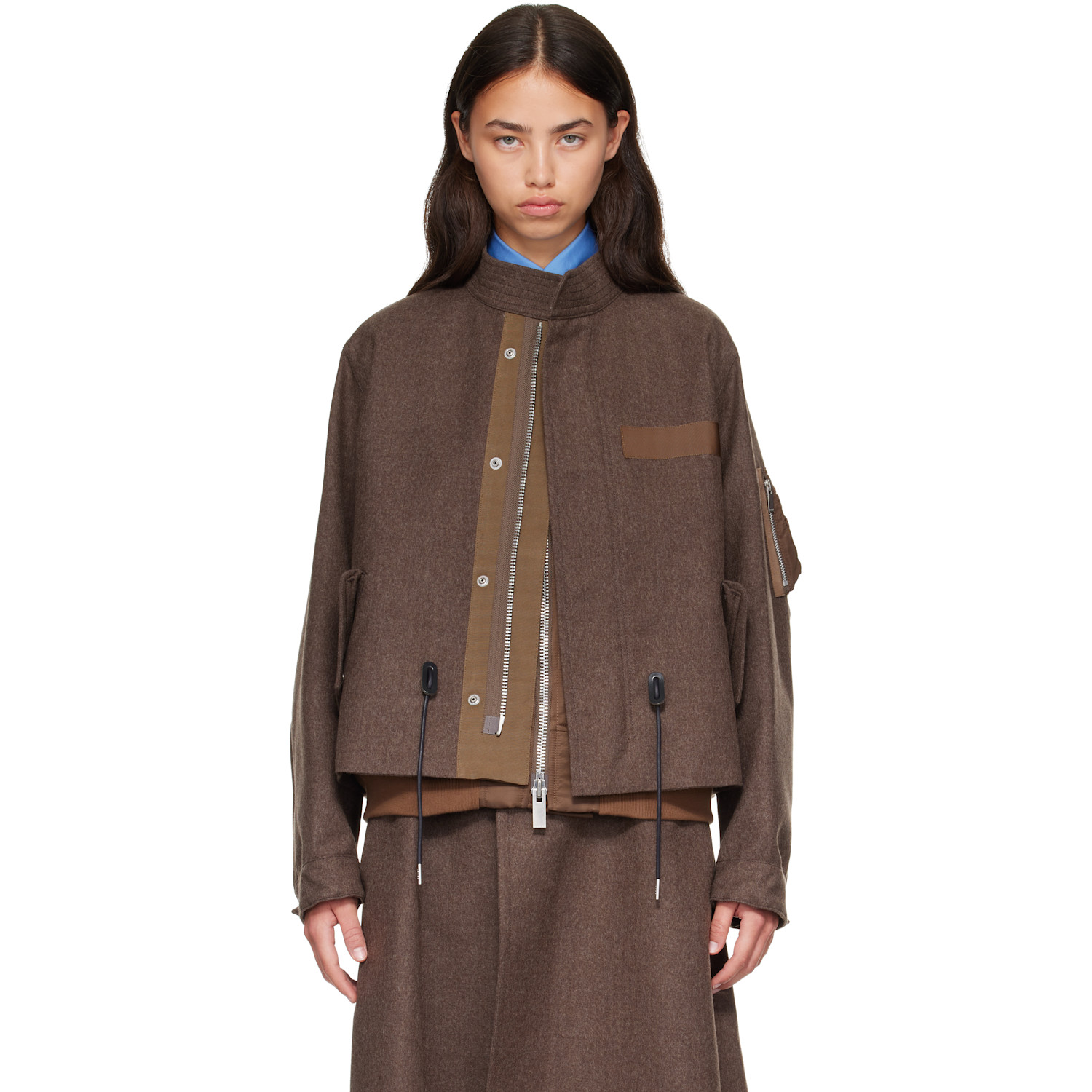 sacai Brown Wool Flannel x Nylon Twill Coat