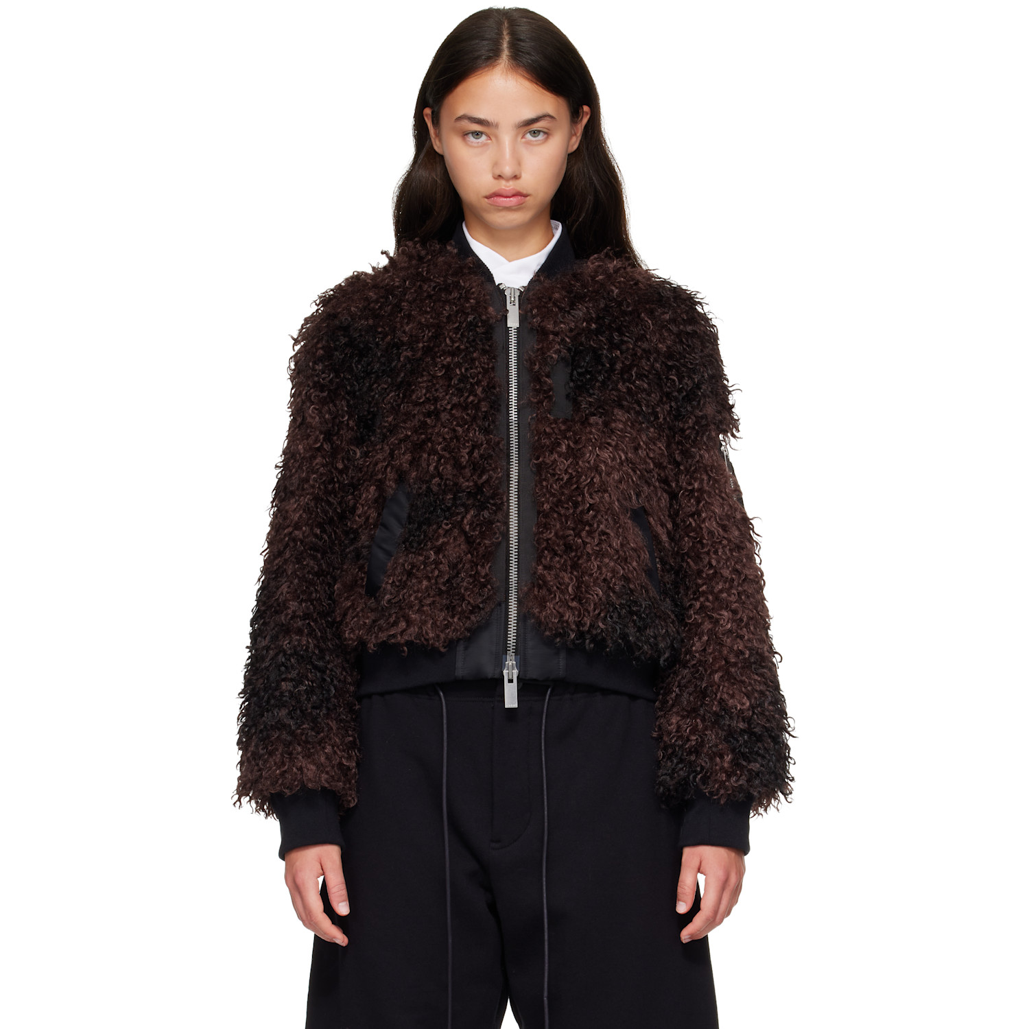 sacai Brown Blouson Curly Faux-Fur Jacket