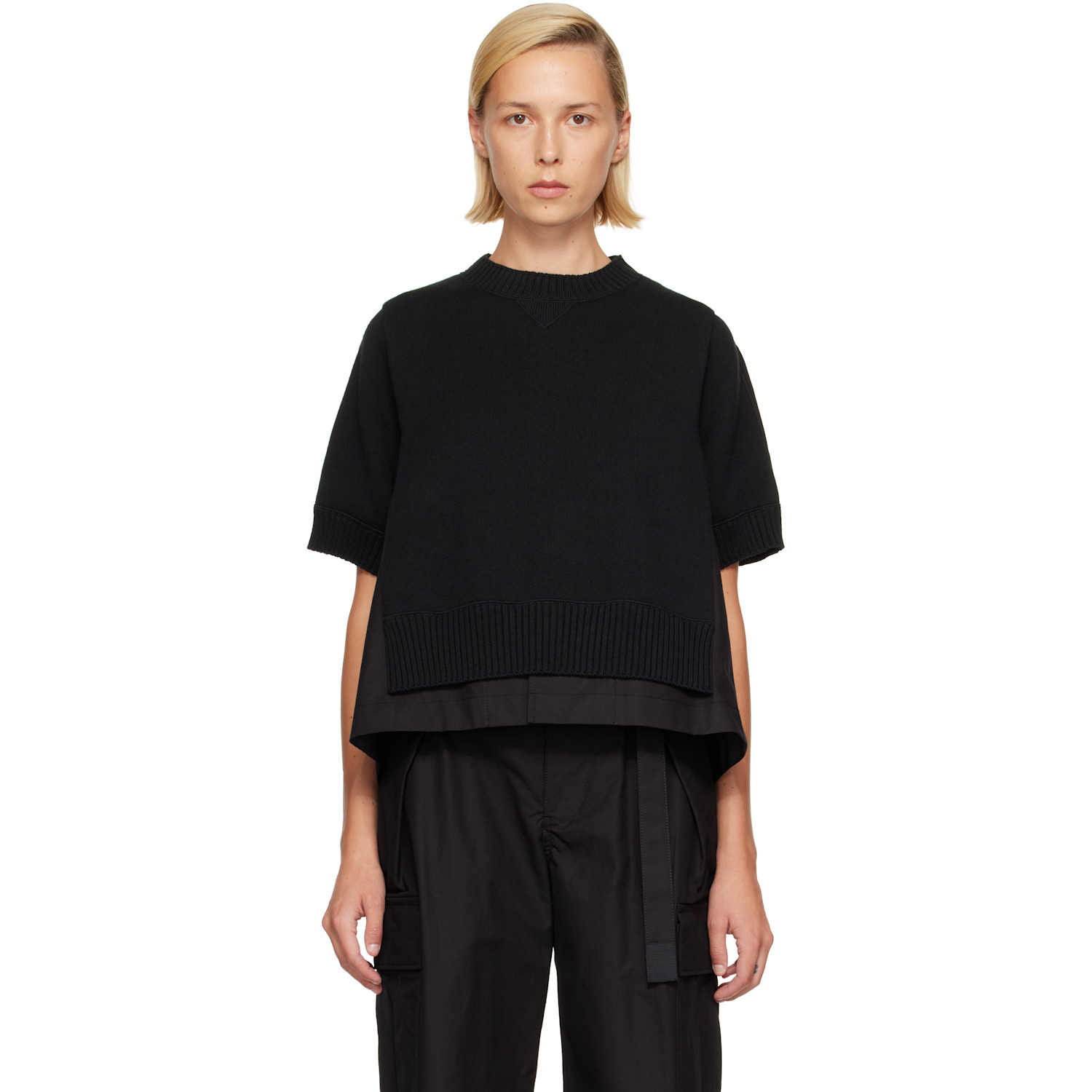 sacai Black Cotton Weather & Cotton Cashmere Knit Sweater