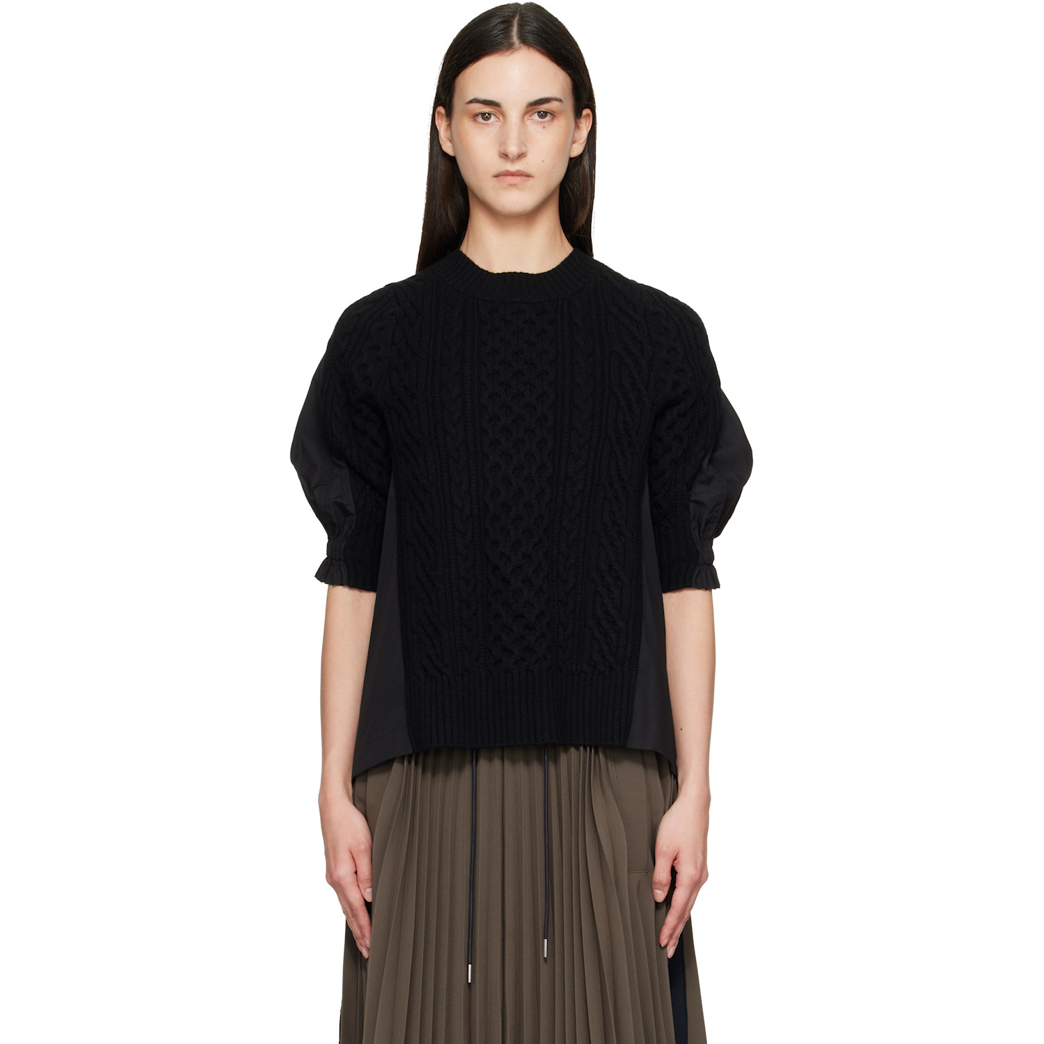 sacai Black Wool Knit x Cotton Poplin Pullover Sweater