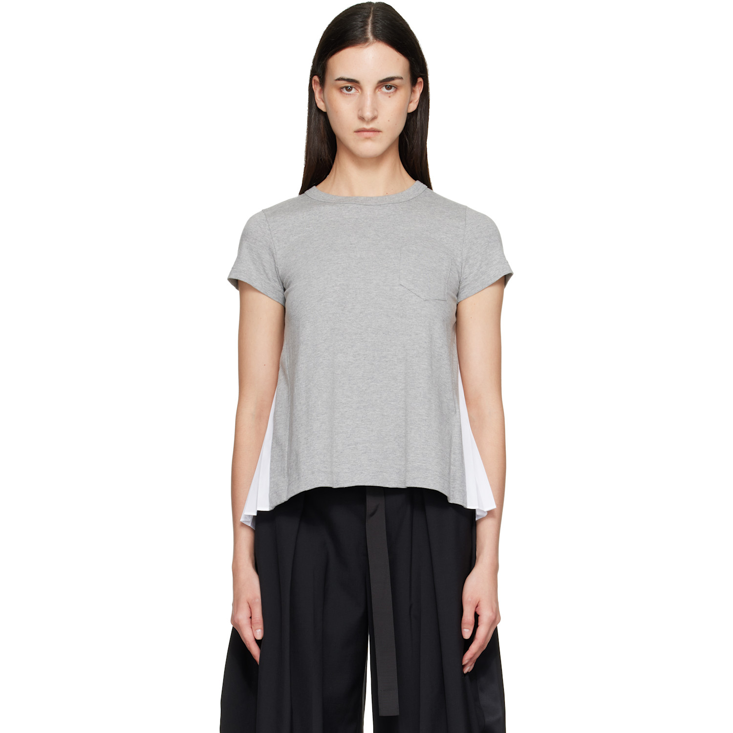 sacai Gray & White Cotton Poplin x Cotton Jersey T-shirt