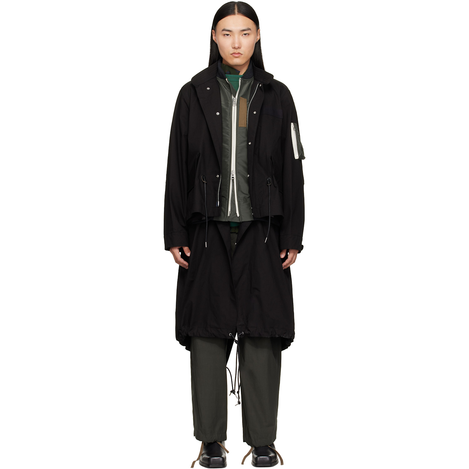 sacai Black Nylon Twill x Ripstop Coat