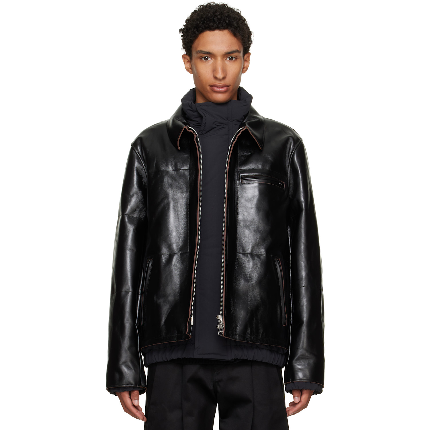 sacai Black Down Leather Blouson Jacket