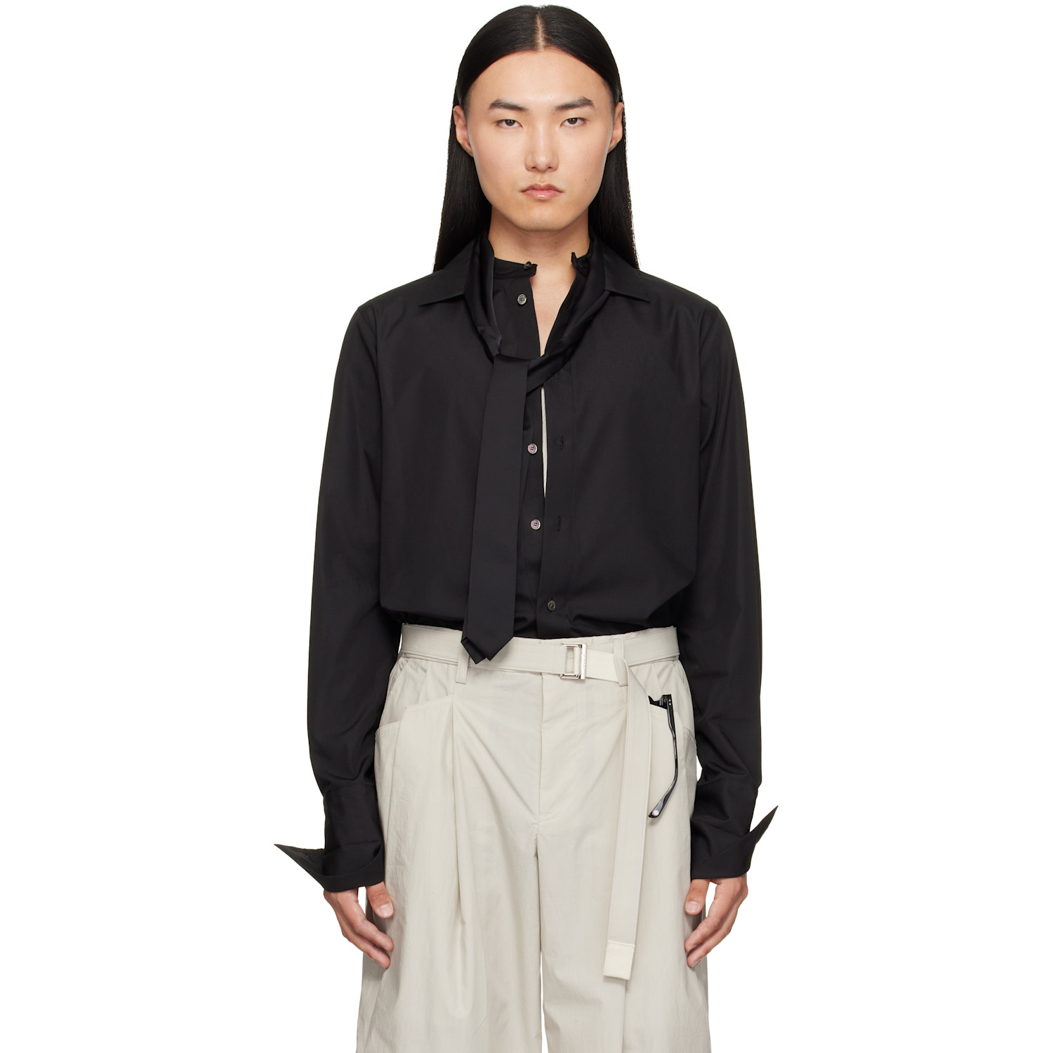 sacai Black Satin Tie Poplin Shirt