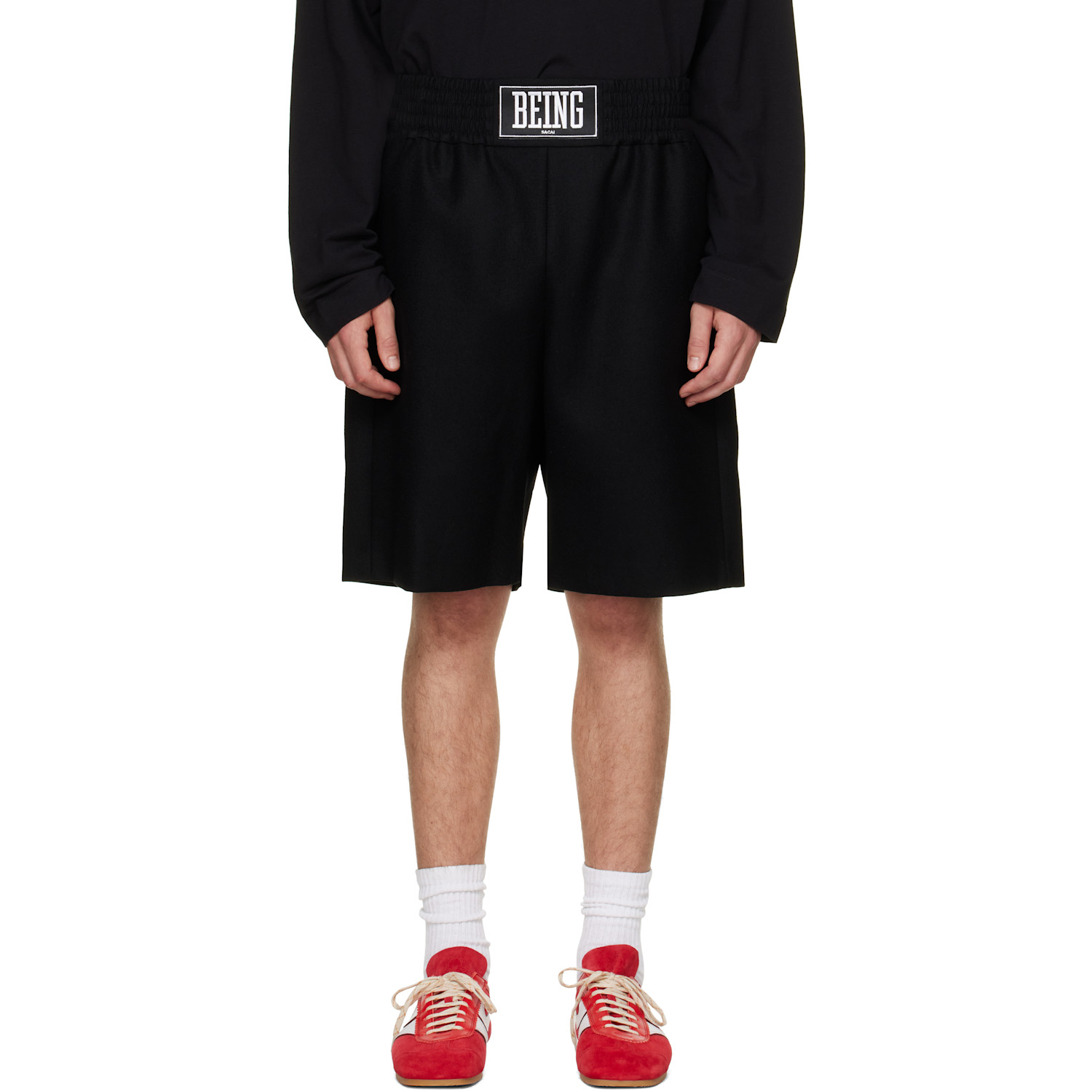 sacai Black Wool Melton 'BEING' Shorts