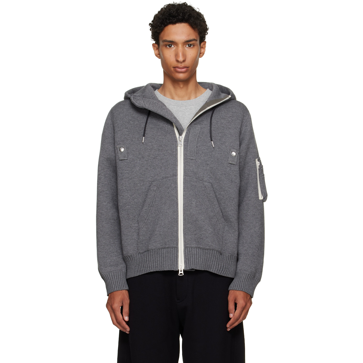 sacai Gray Cotton Cashmere Knit Hoodie
