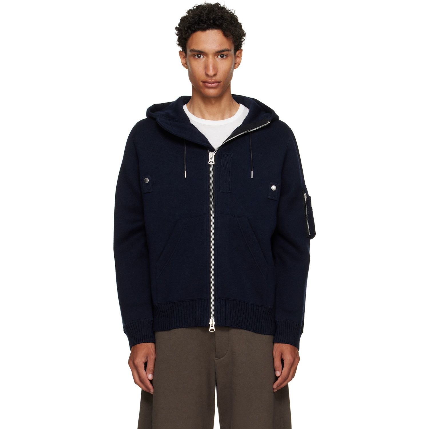 sacai Navy Cotton Cashmere Knit Hoodie