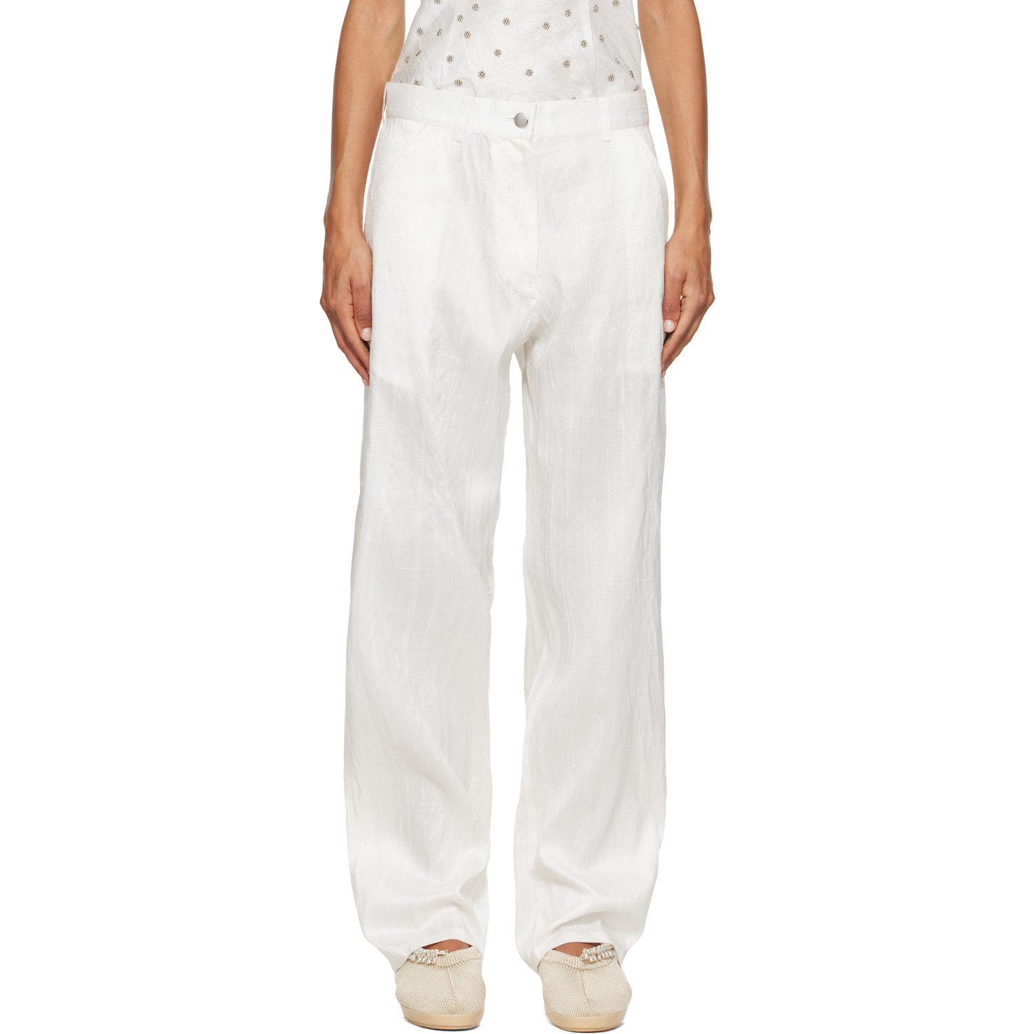 RESCHA SSENSE Exclusive White Raw Silk Trousers