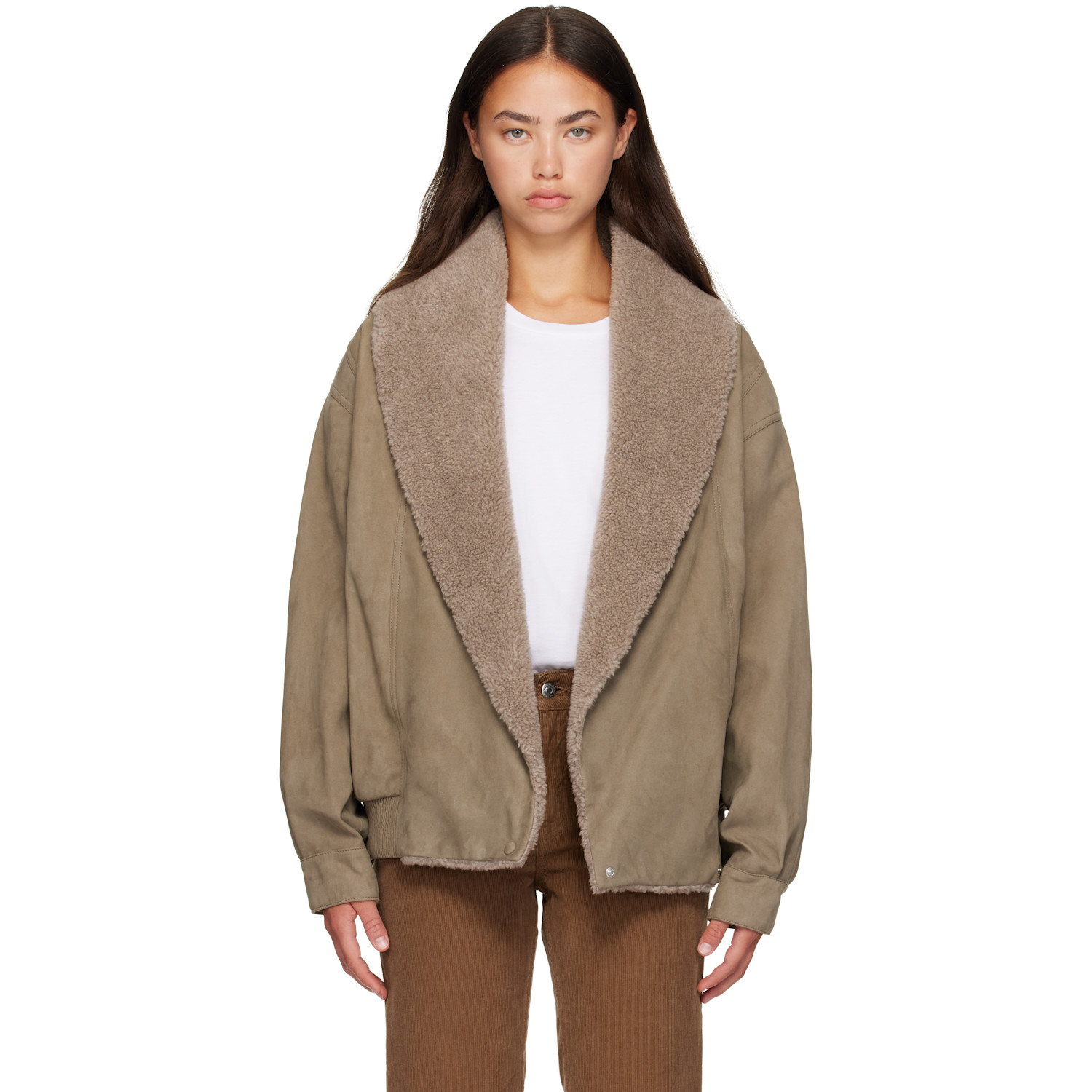 Stella McCartney Beige Vegan Suede Plush-Trimmed Jacket