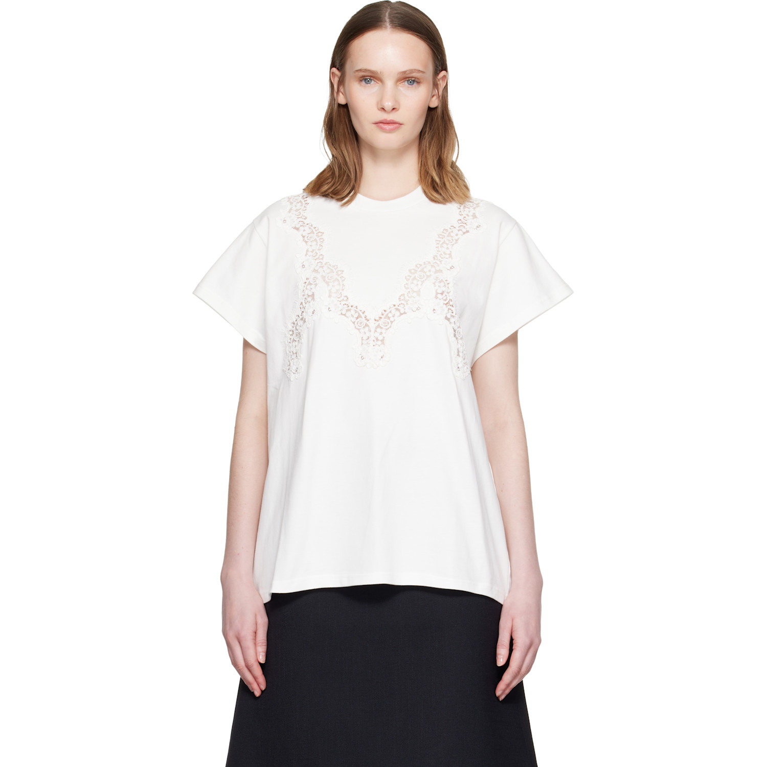 Stella McCartney White Lace Mix Washed Jersey Cotton T-shirt