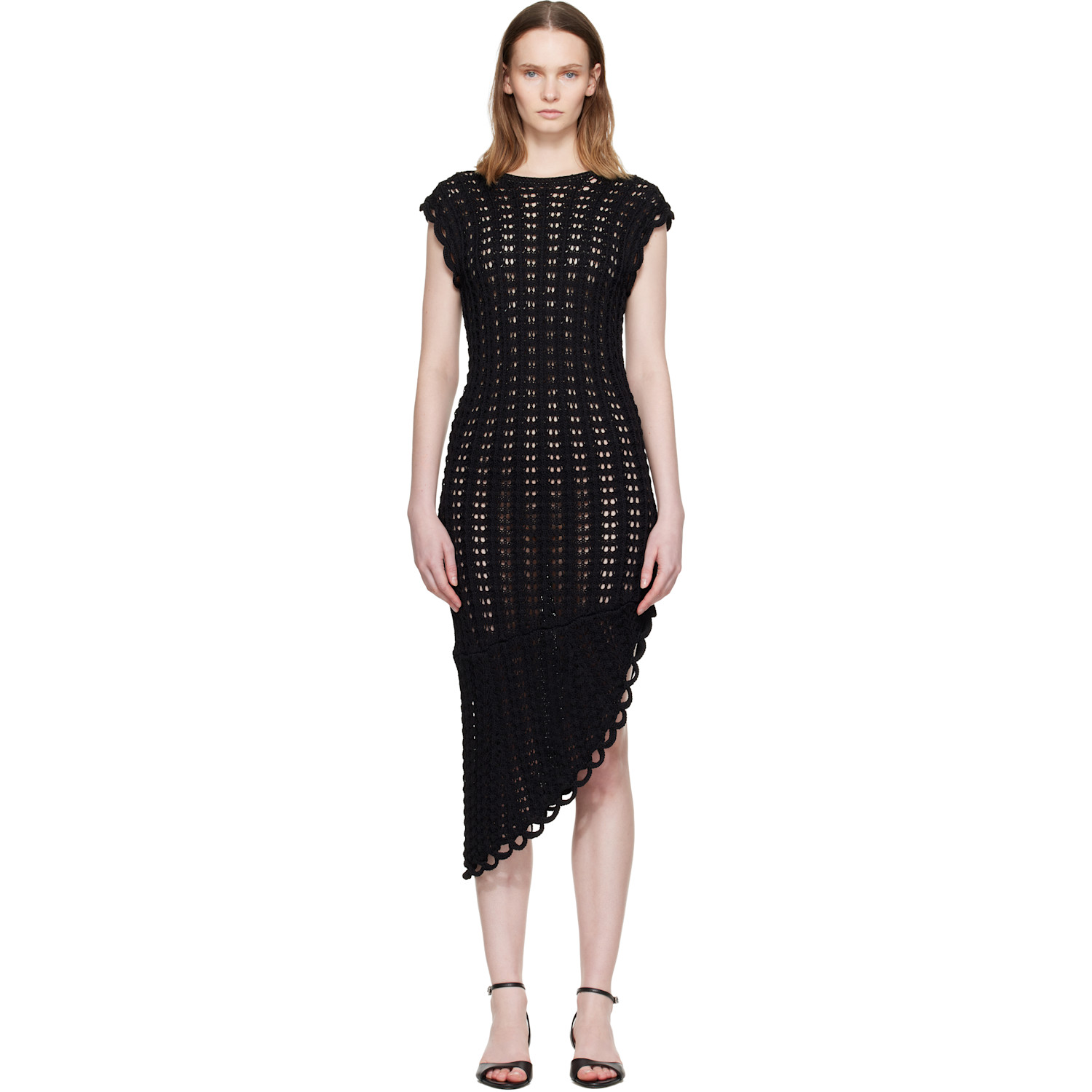 Loulou de Saison Black Malena Ruffled Crochet Midi Dress