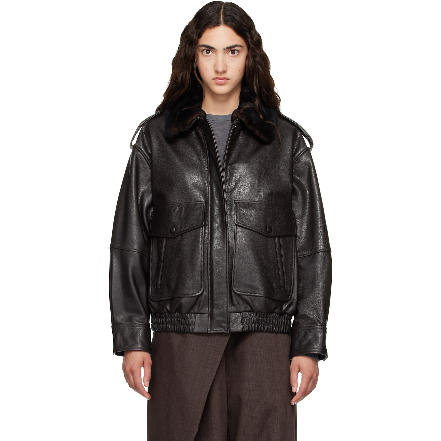 Loulou De Saison Brown Russo Leather Bomber Jacket In Coffee/dark Brown
