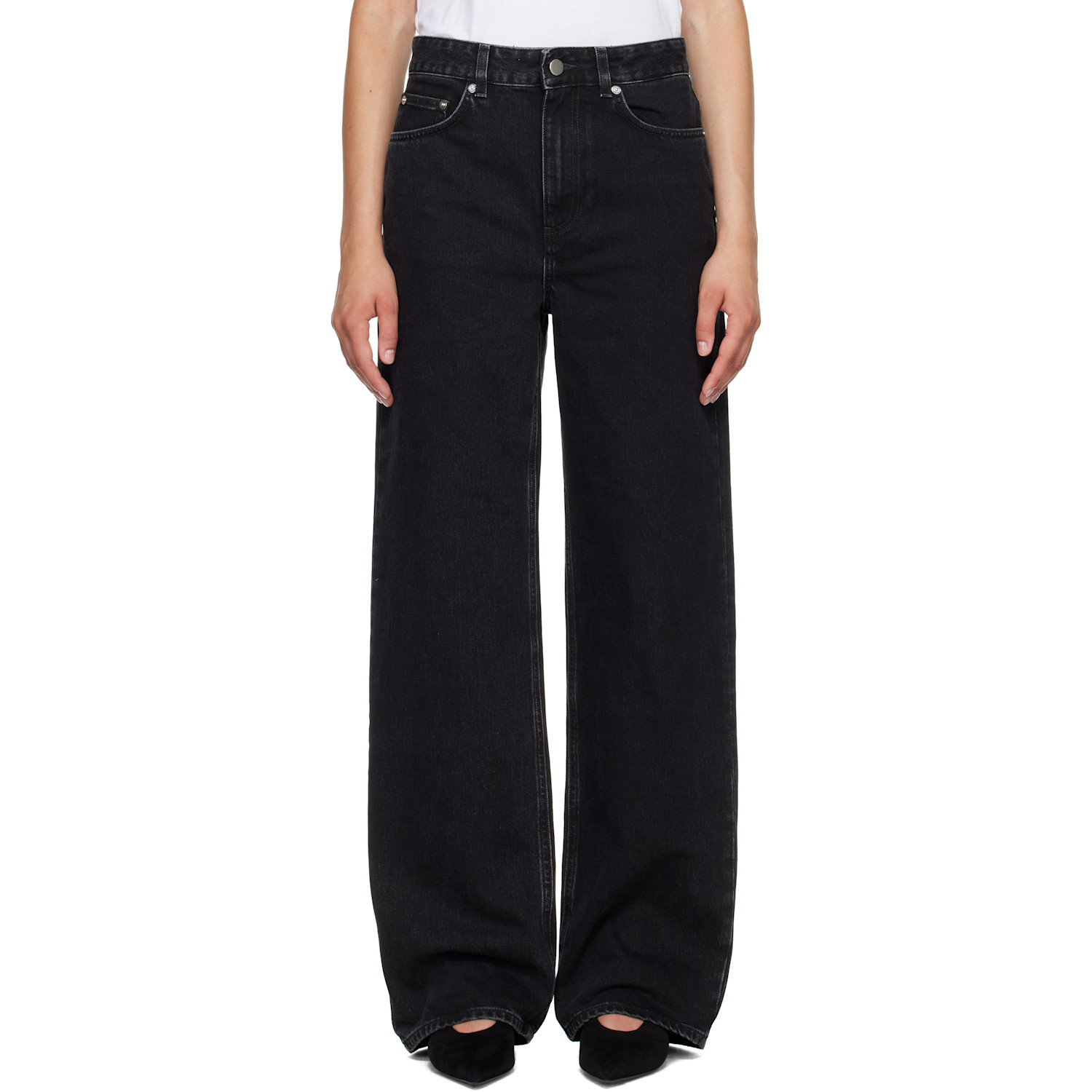 Loulou De Saison Black Mico Wide Leg Jeans In Washed Grey