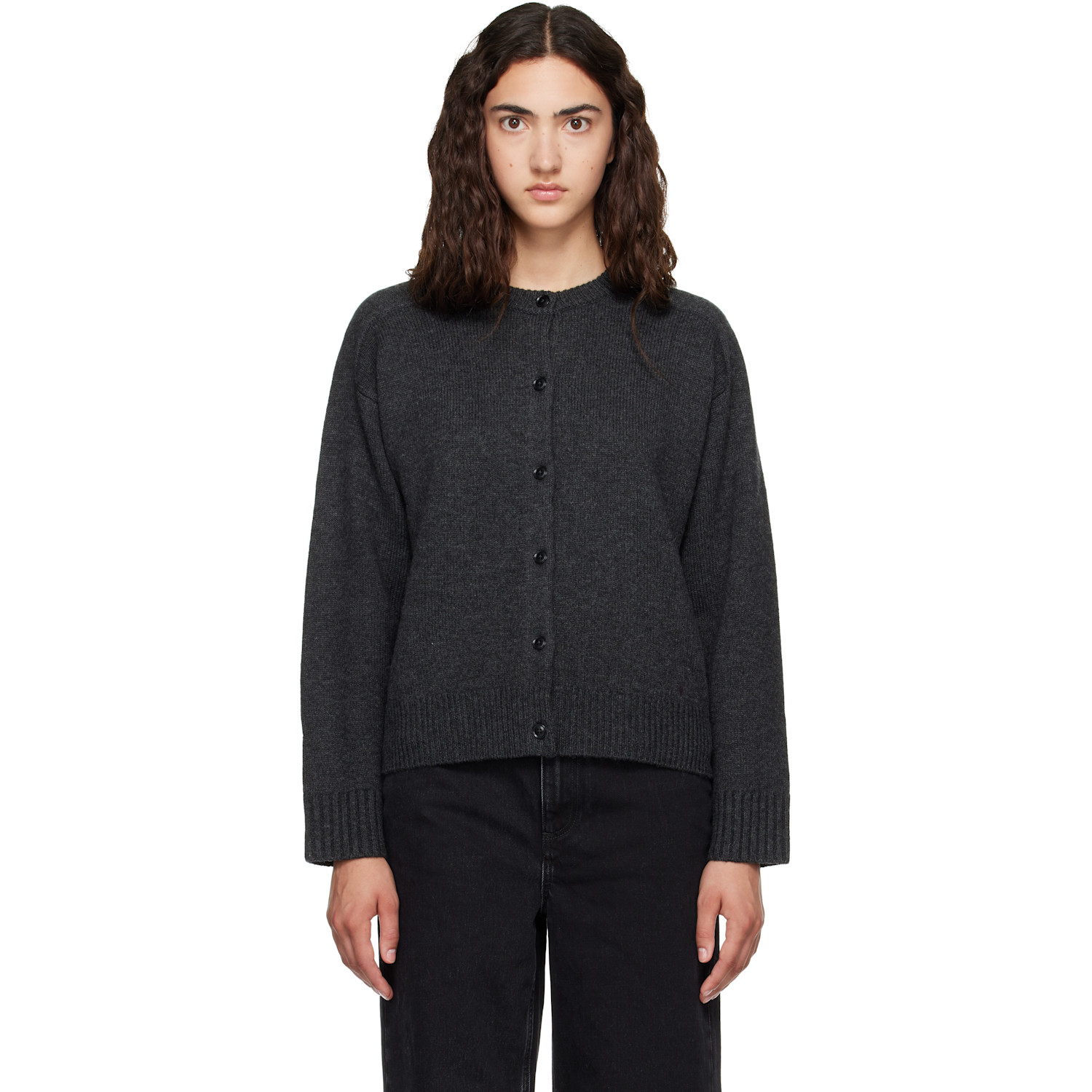 Loulou De Saison Gray Aidar Lds Wool Cashmere Cardigan In Charcoal Melange