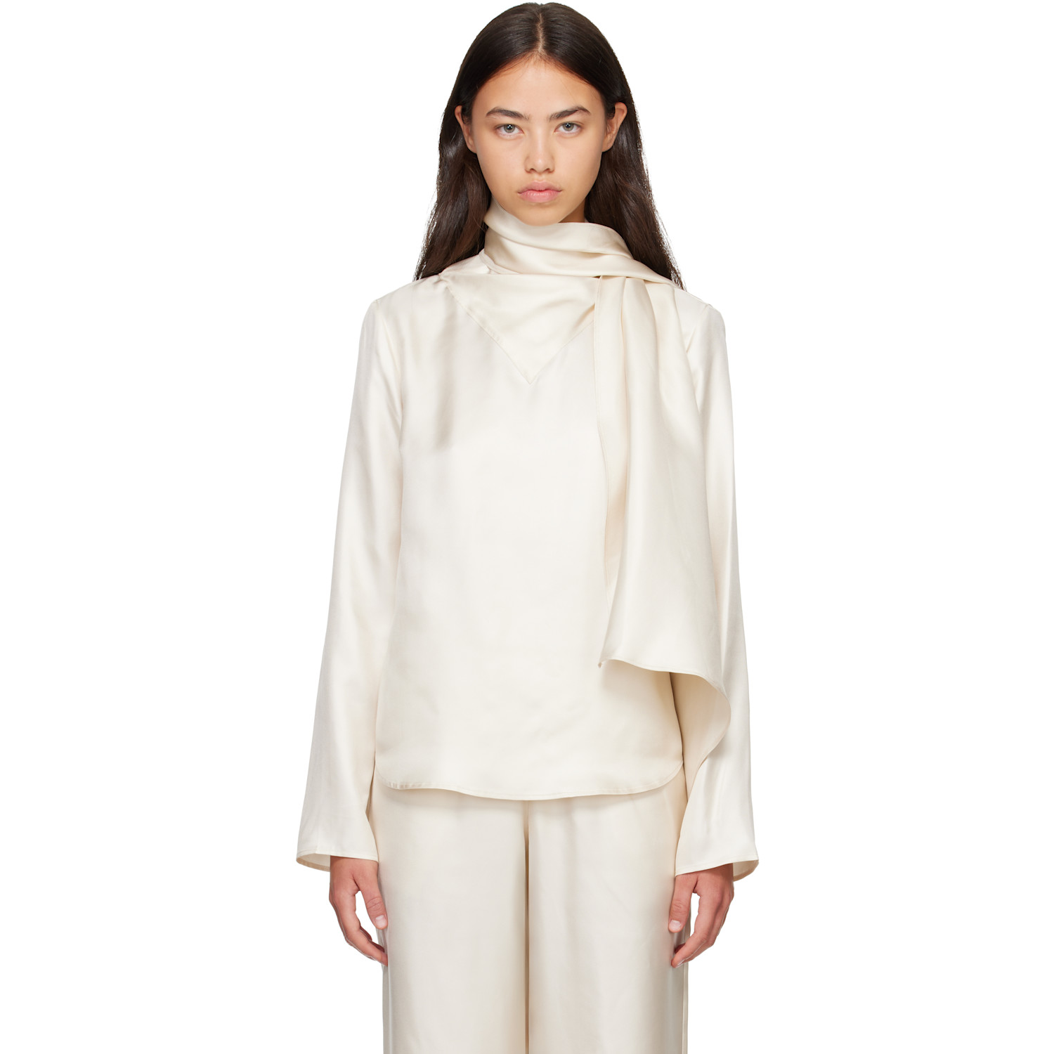 Loulou de Saison Off-White GALA Silk Twill Scarf Blouse