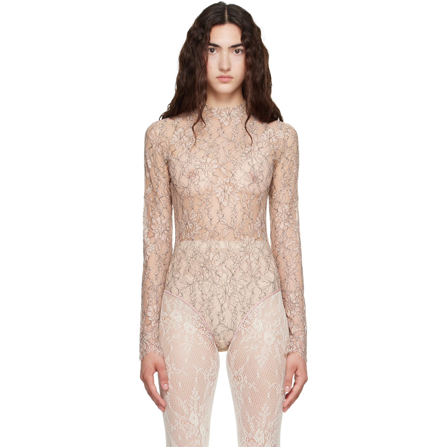 Valentino Beige Floral Lace Bodysuit