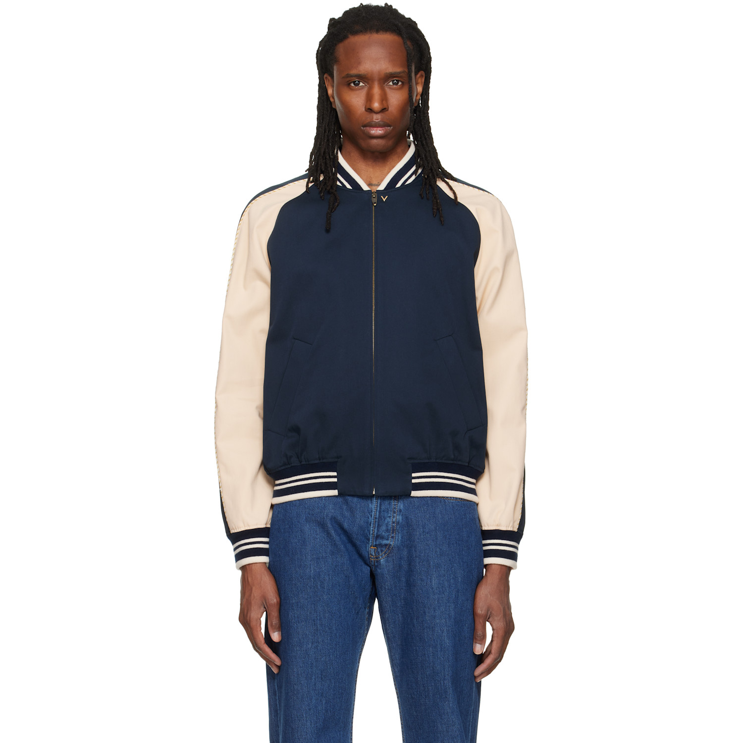 Valentino Navy Canvas & Fine Gabardine Bomber Jacket