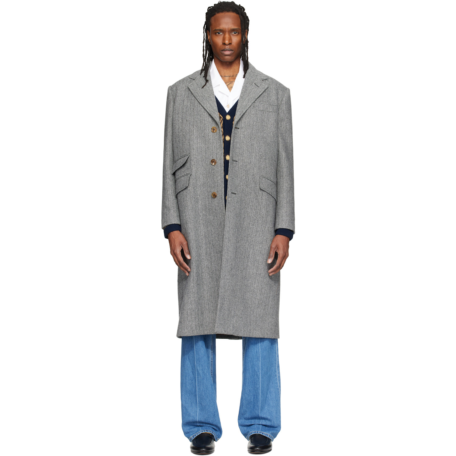 Valentino Gray Wool Herringbone Coat