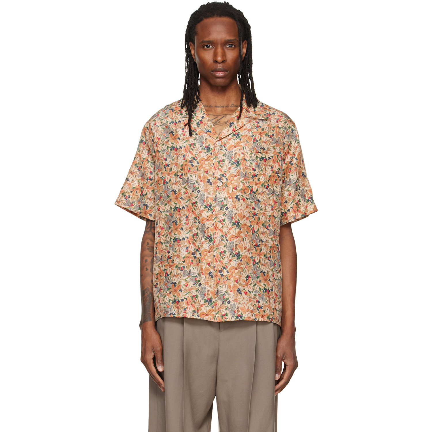 Valentino Beige Floral Silk Bowling Shirt