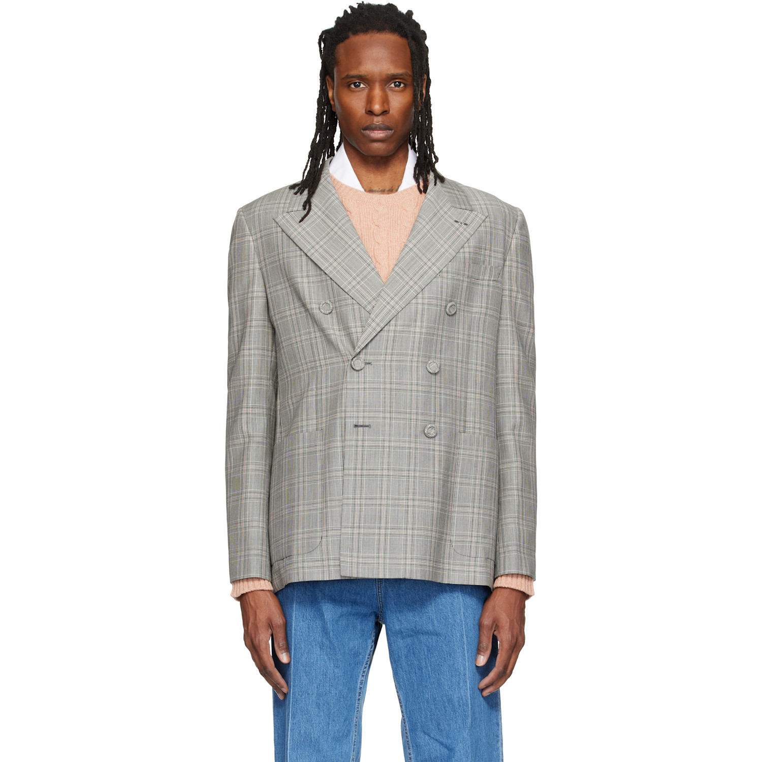 Valentino Gray Double-Breasted Mohair Wool Check Blazer