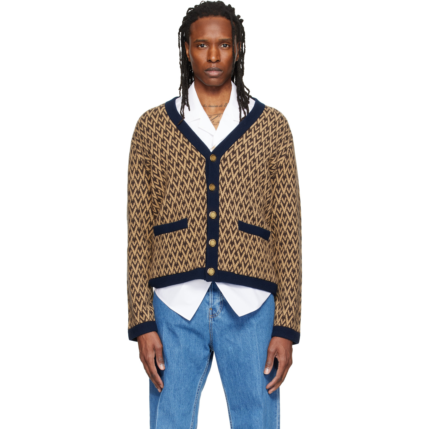 Valentino Beige & Navy Jacquard Logo Wool Cardigan