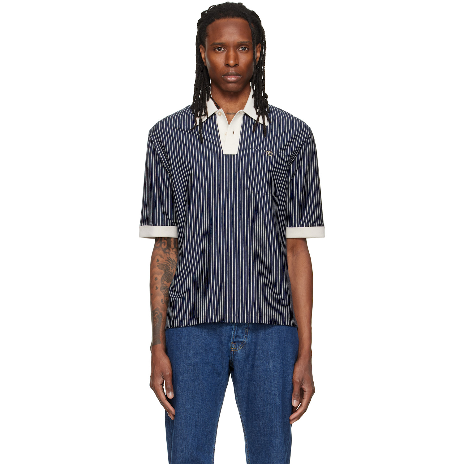 Valentino Navy Striped VLogo Embroidery Polo