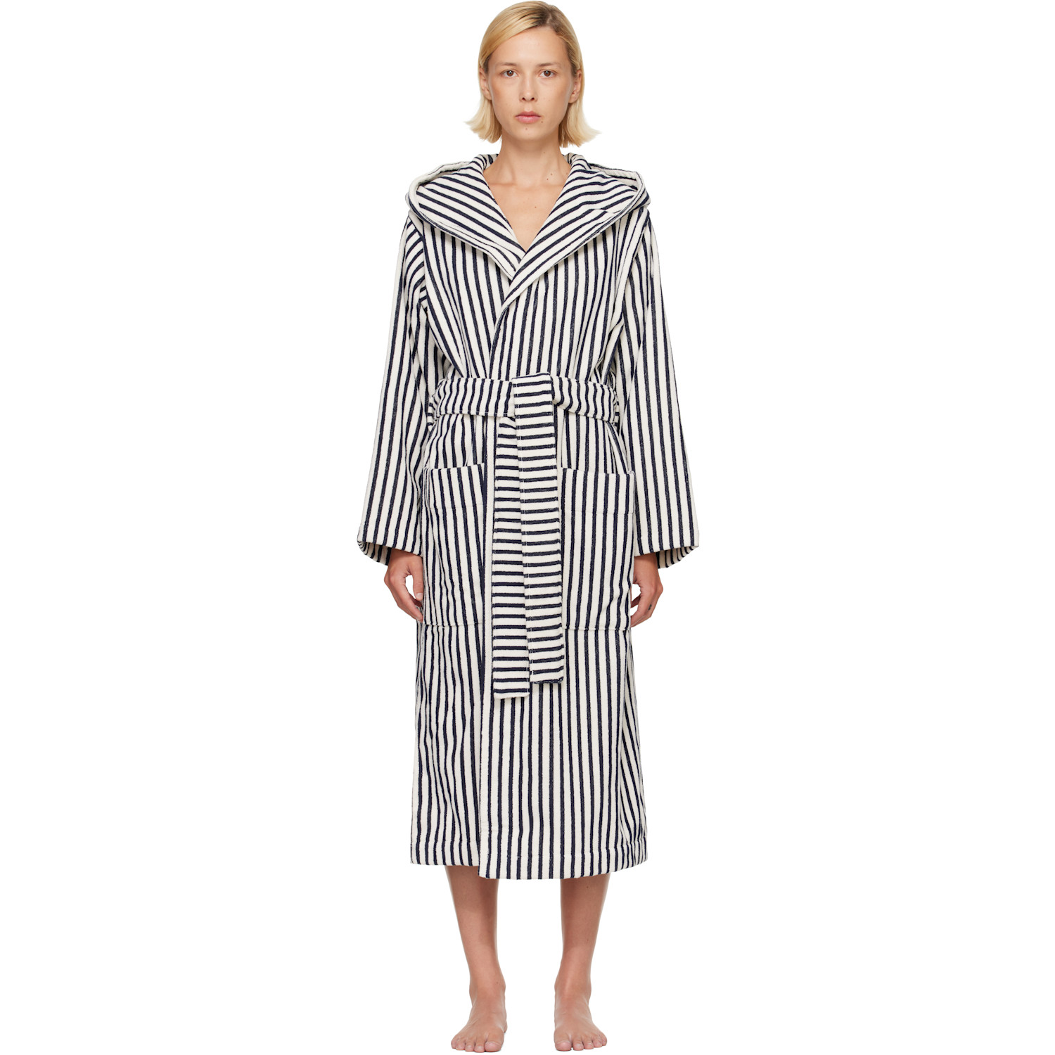 Tekla Navy & White Terry Hooded Bathrobe